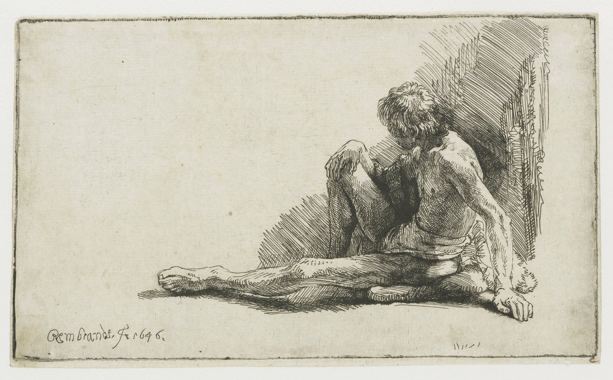 Nagi mężczyzna siedzący na ziemi z jedną nogą wyprostowaną autorstwa Rembrandt van Rijn