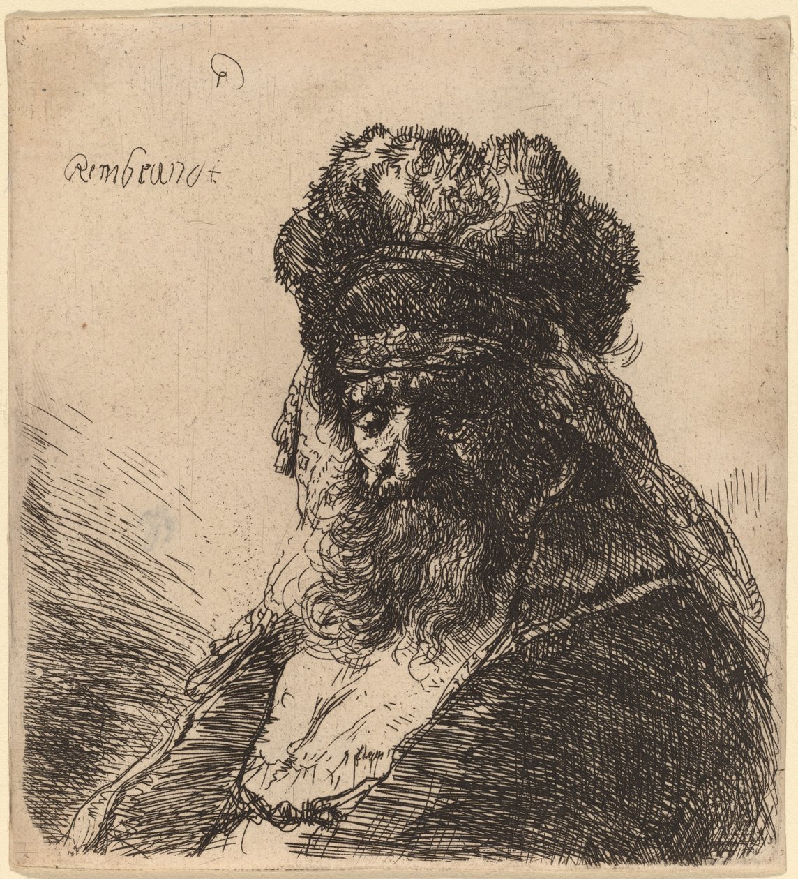 Stary brodaty mężczyzna w wysokiej futrzanej czapce z zamkniętymi oczami autorstwa Rembrandt van Rijn