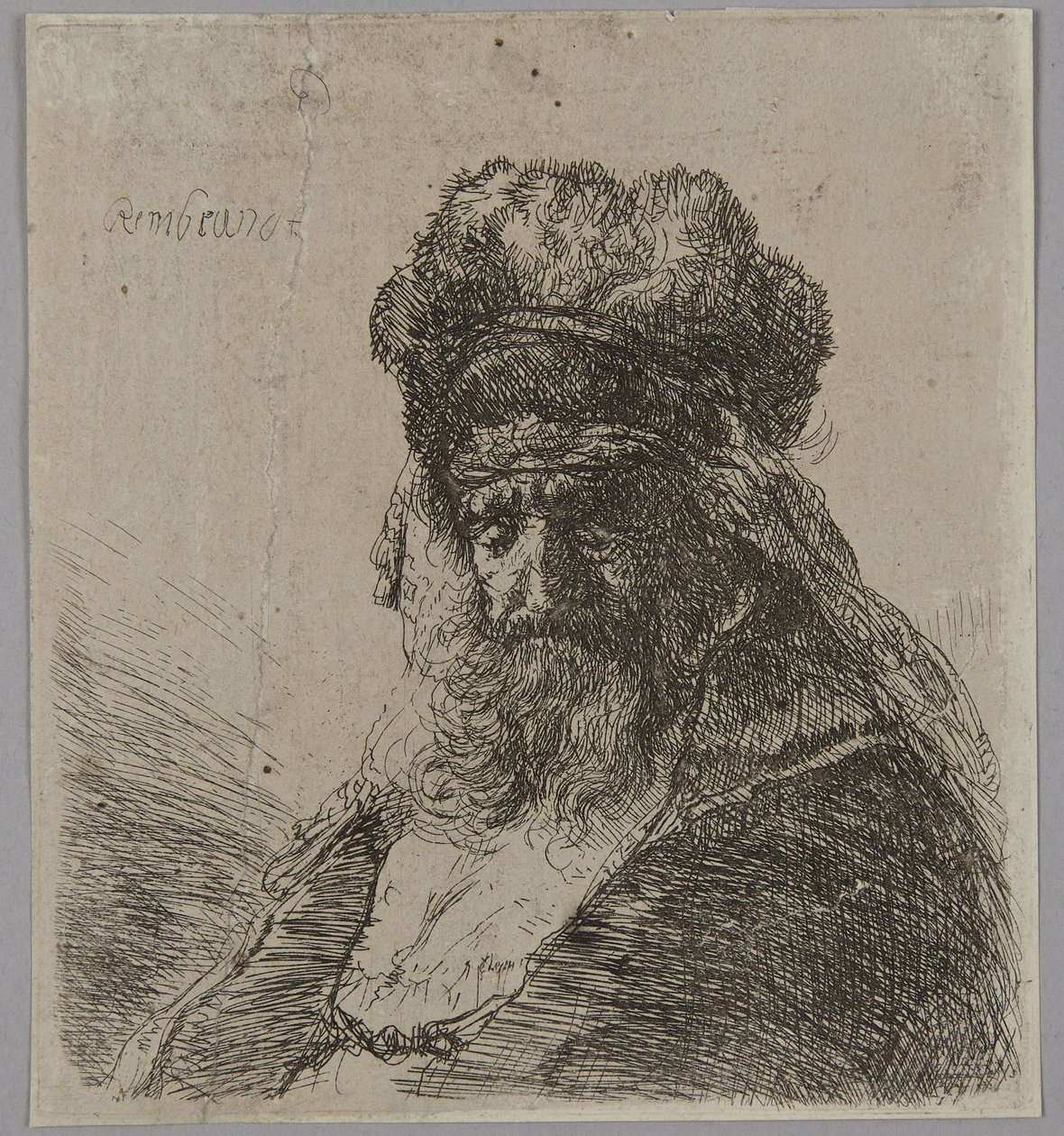 Stary brodaty mężczyzna w wysokiej futrzanej czapce, z zamkniętymi oczami autorstwa Rembrandt van Rijn