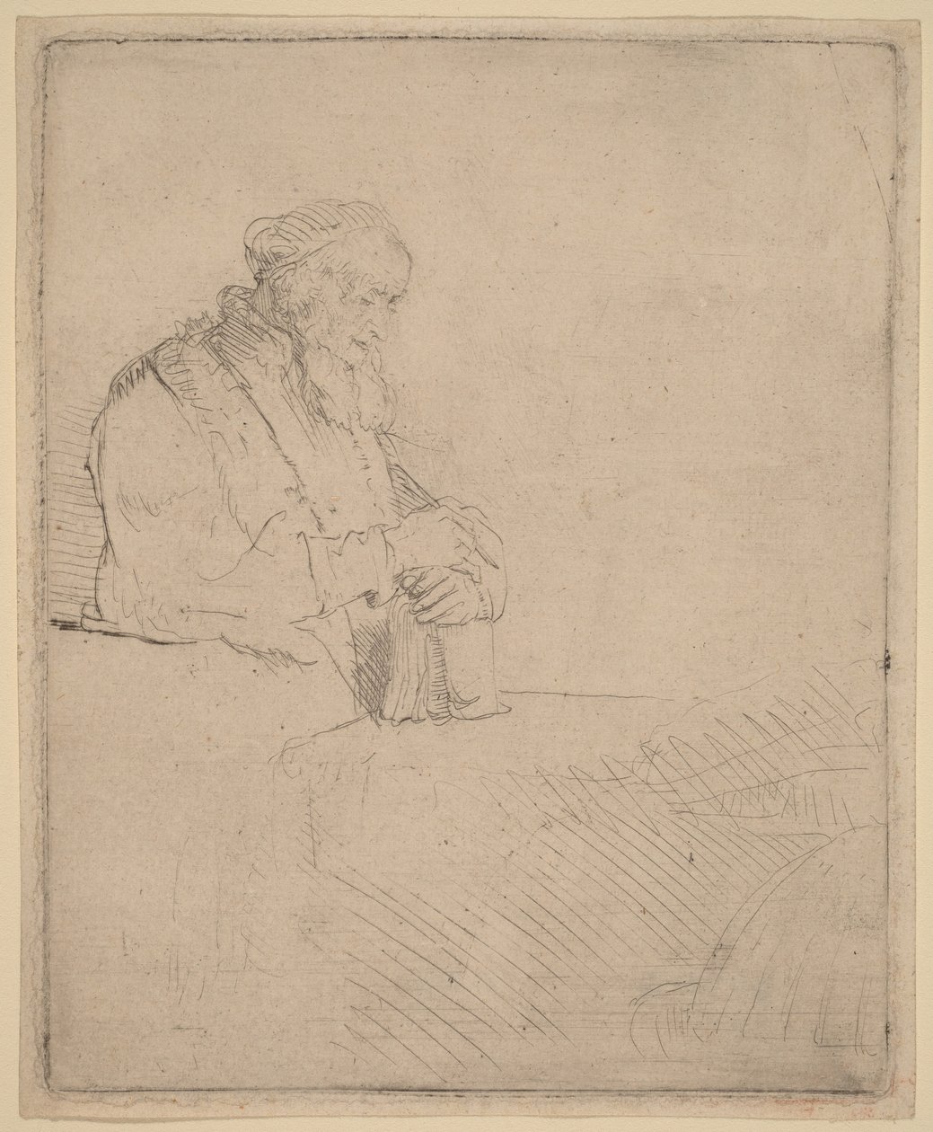 Starzec w medytacji, oparty o książkę autorstwa Rembrandt van Rijn