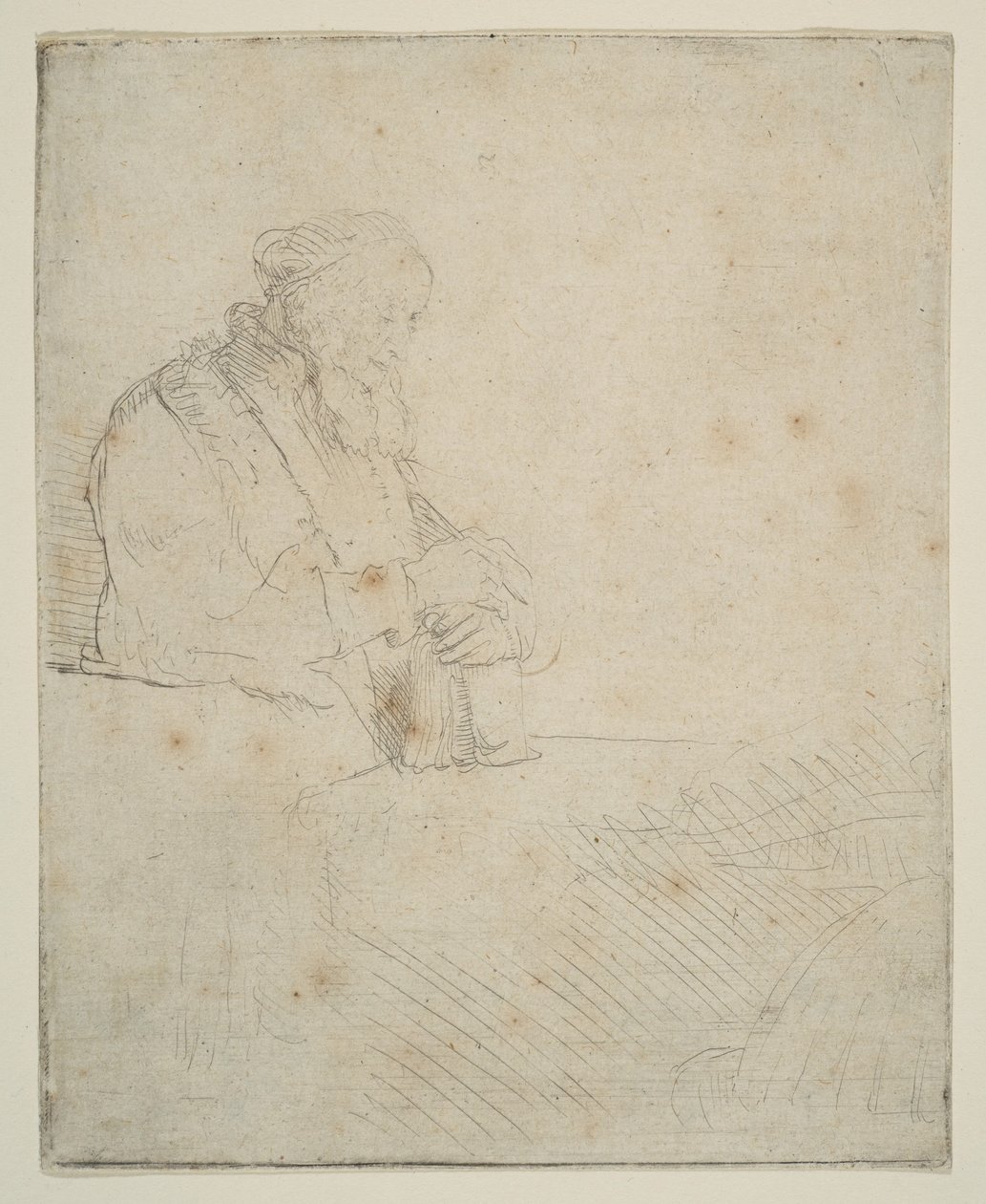 Stary człowiek w medytacji, wsparty na księdze, ca. 1645. autorstwa Rembrandt van Rijn