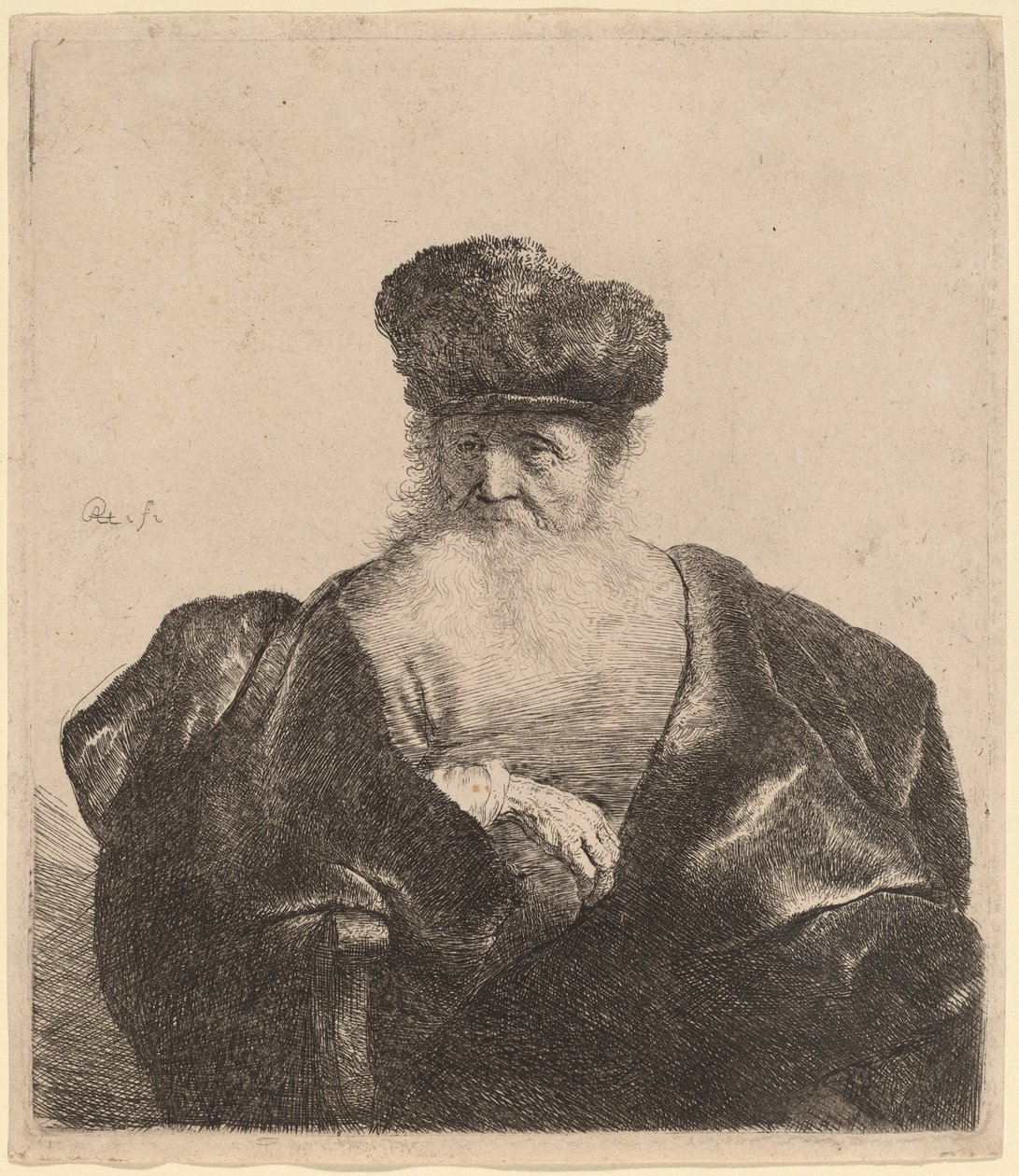Starzec z brodą, futrzaną czapką i aksamitnym płaszczem autorstwa Rembrandt van Rijn