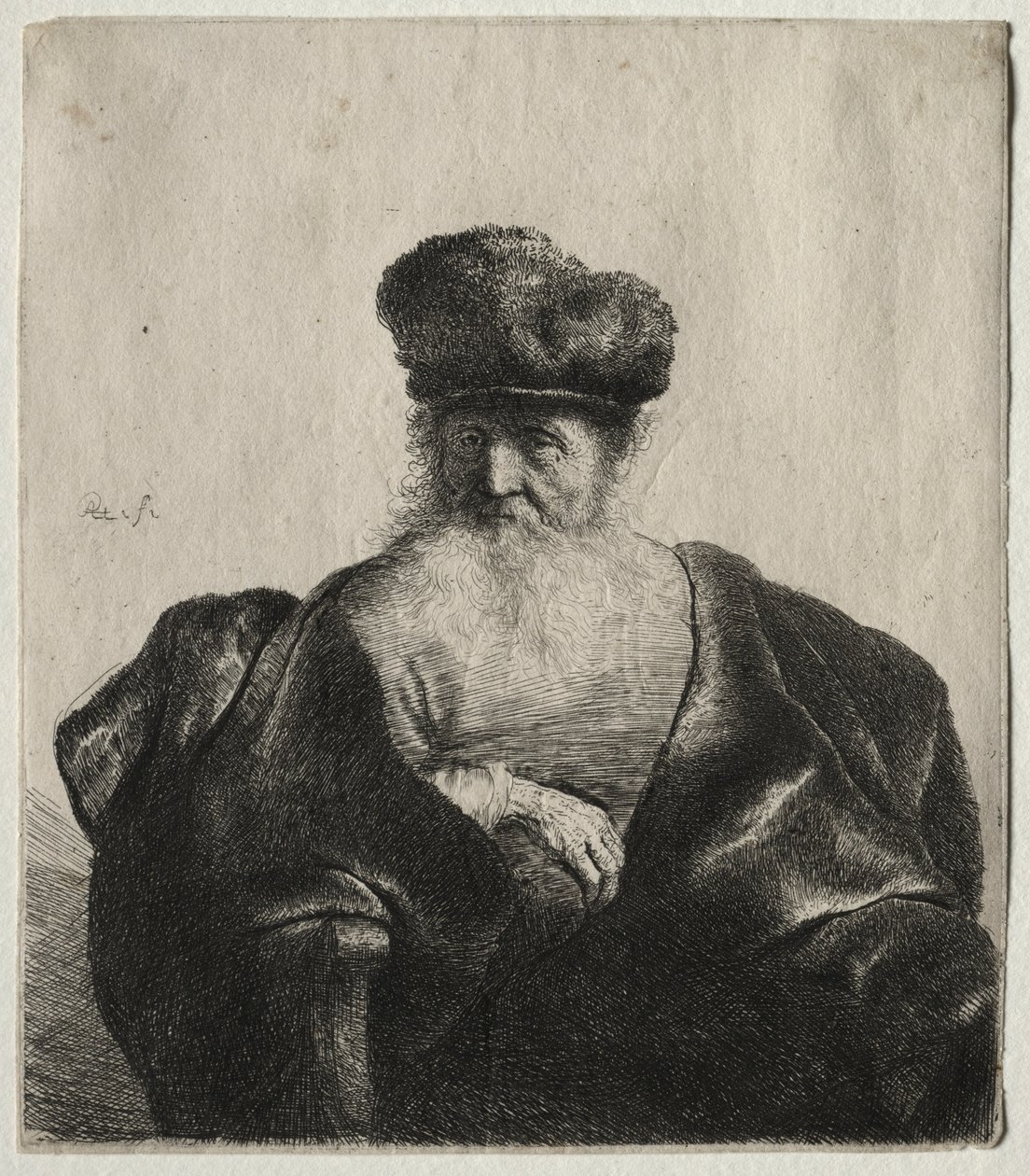 Stary człowiek z brodą, futrzaną czapką i aksamitną peleryną, ok. 1930 r. 1632. autorstwa Rembrandt van Rijn