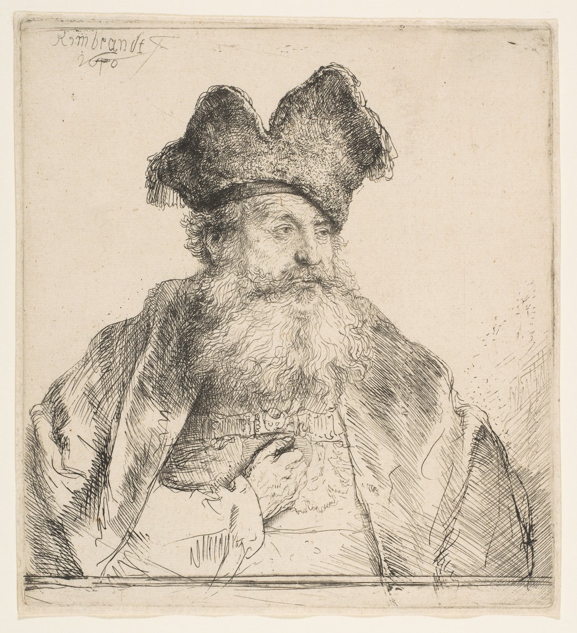 Stary człowiek w czapce z podzielonym futrem, 1640. autorstwa Rembrandt van Rijn