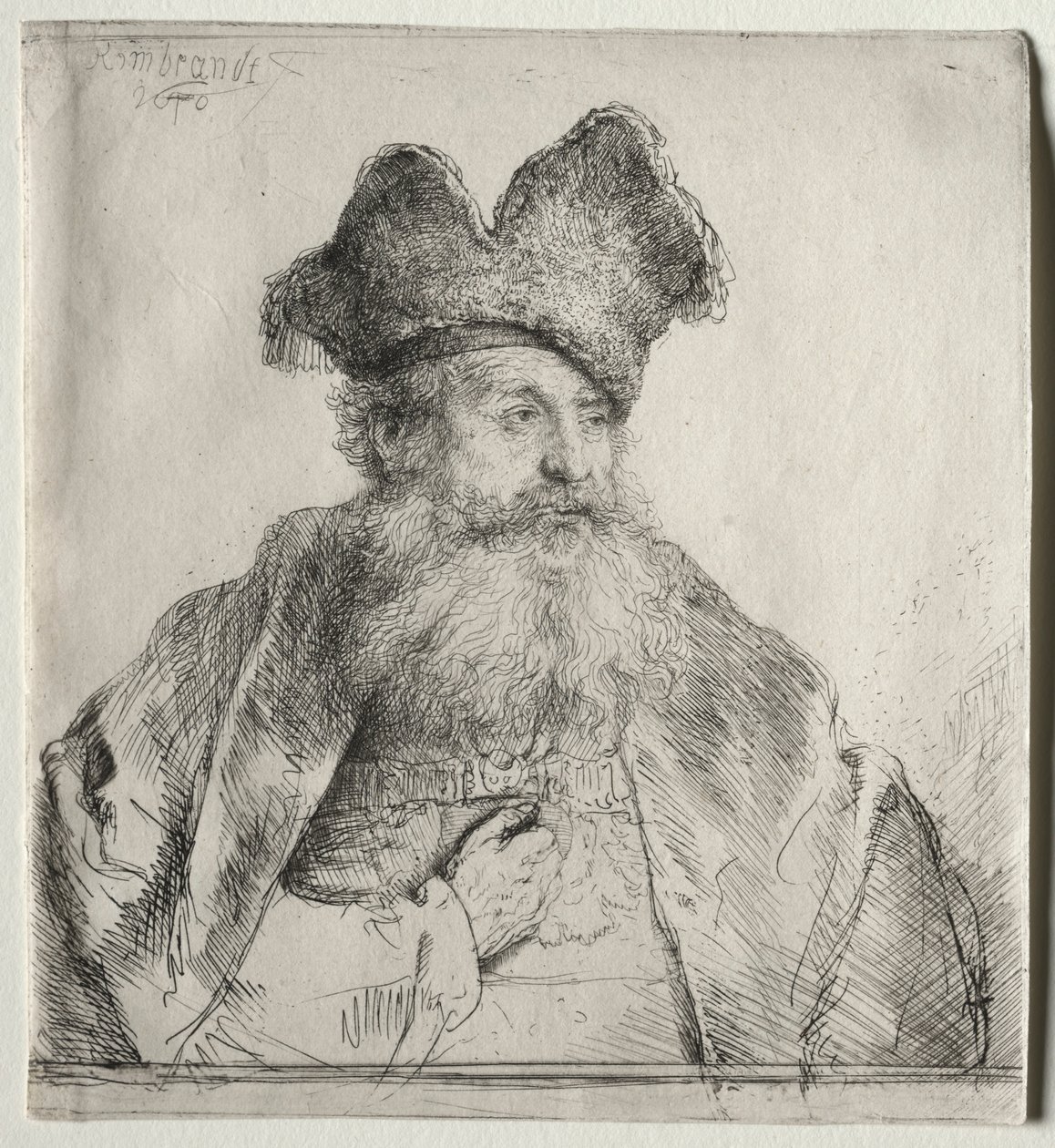 Stary człowiek z podzieloną czapką, 1640. autorstwa Rembrandt van Rijn