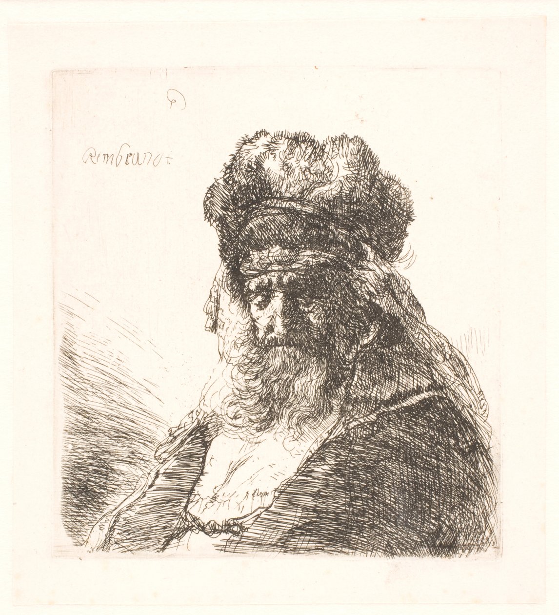 Stary brodaty mężczyzna w wysokiej futrzanej czapce, z zamkniętymi oczami autorstwa Rembrandt van Rijn