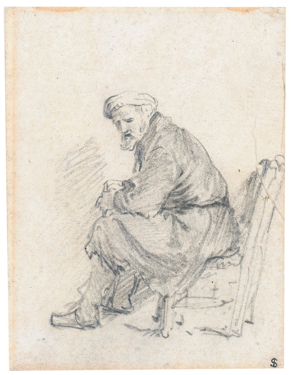 Starzec w turbanie, siedzący z profilu, skręcający się w lewo autorstwa Rembrandt van Rijn