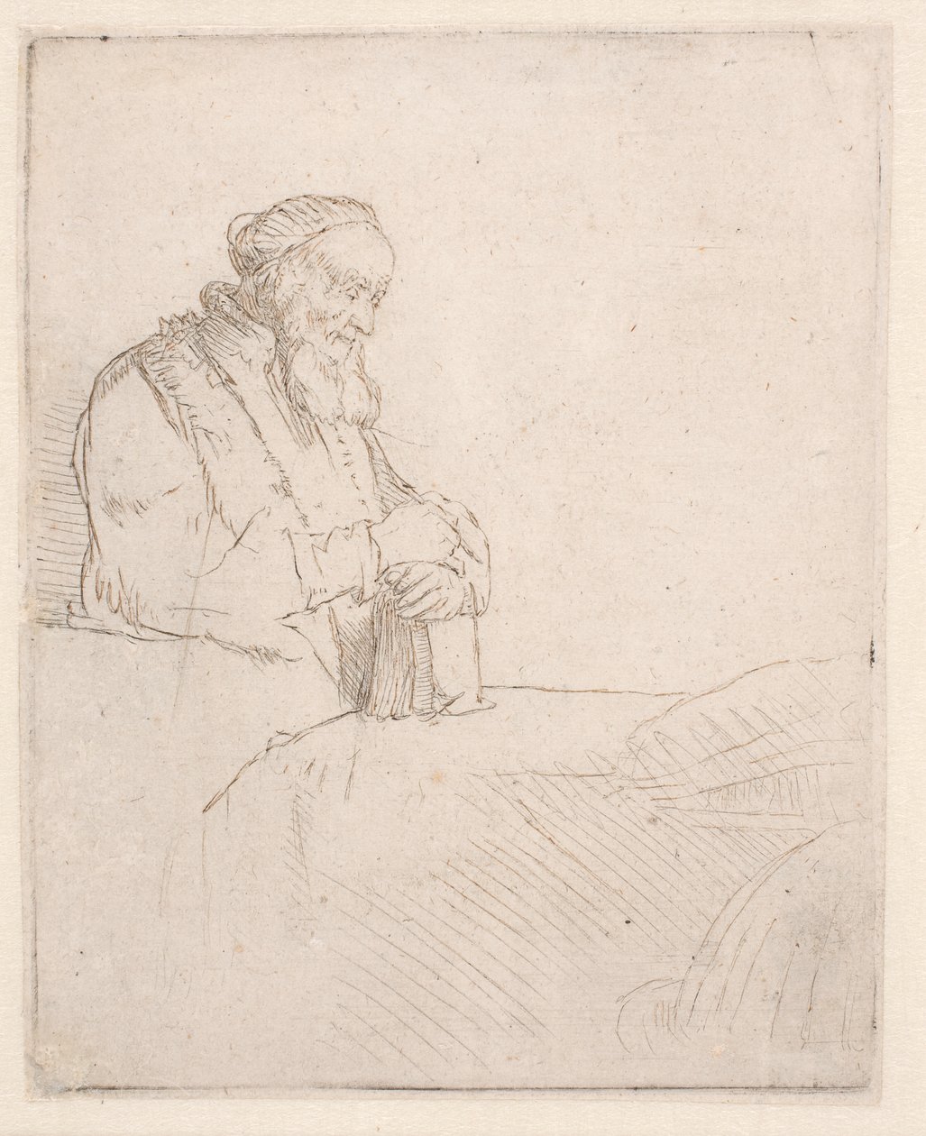 Starszy mężczyzna w trakcie medytacji, opierający się o książkę autorstwa Rembrandt van Rijn