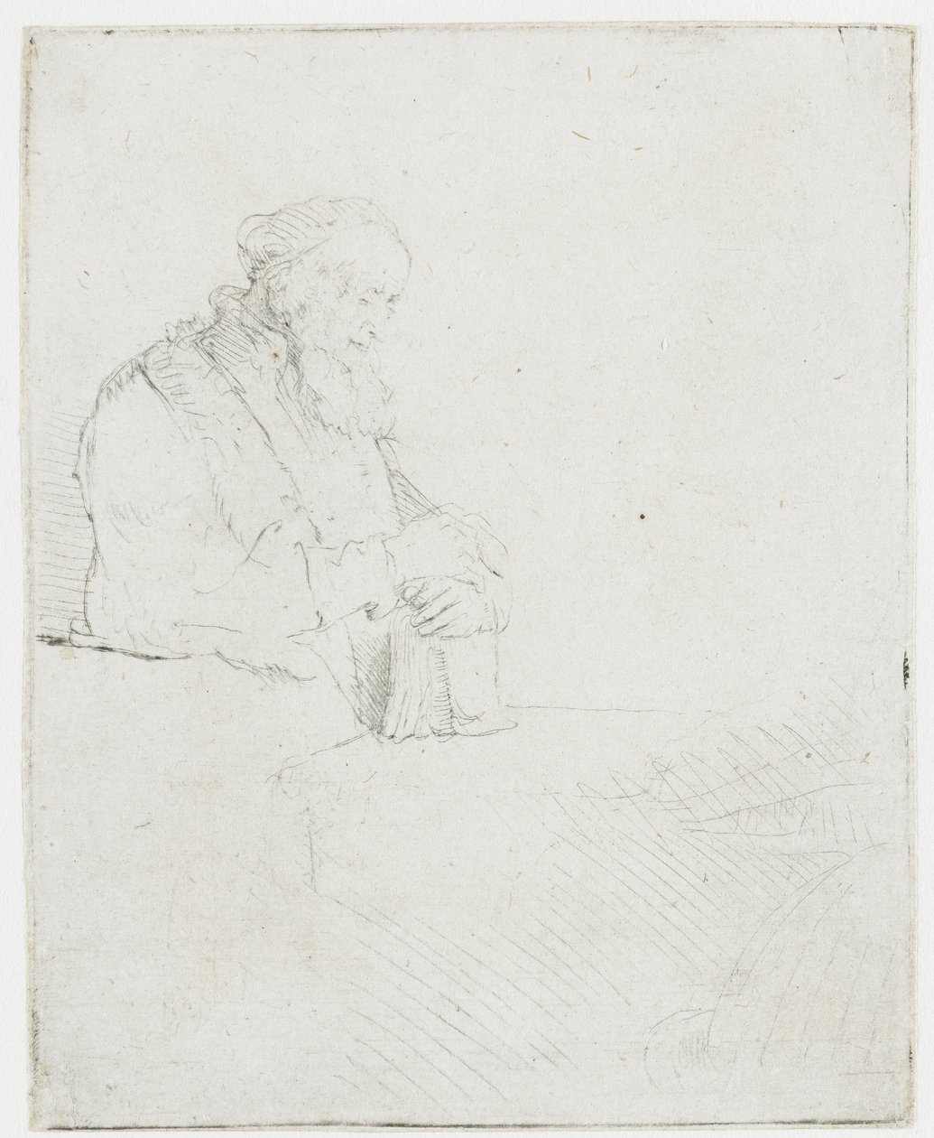 Starszy mężczyzna w trakcie medytacji, opierający się o książkę autorstwa Rembrandt van Rijn