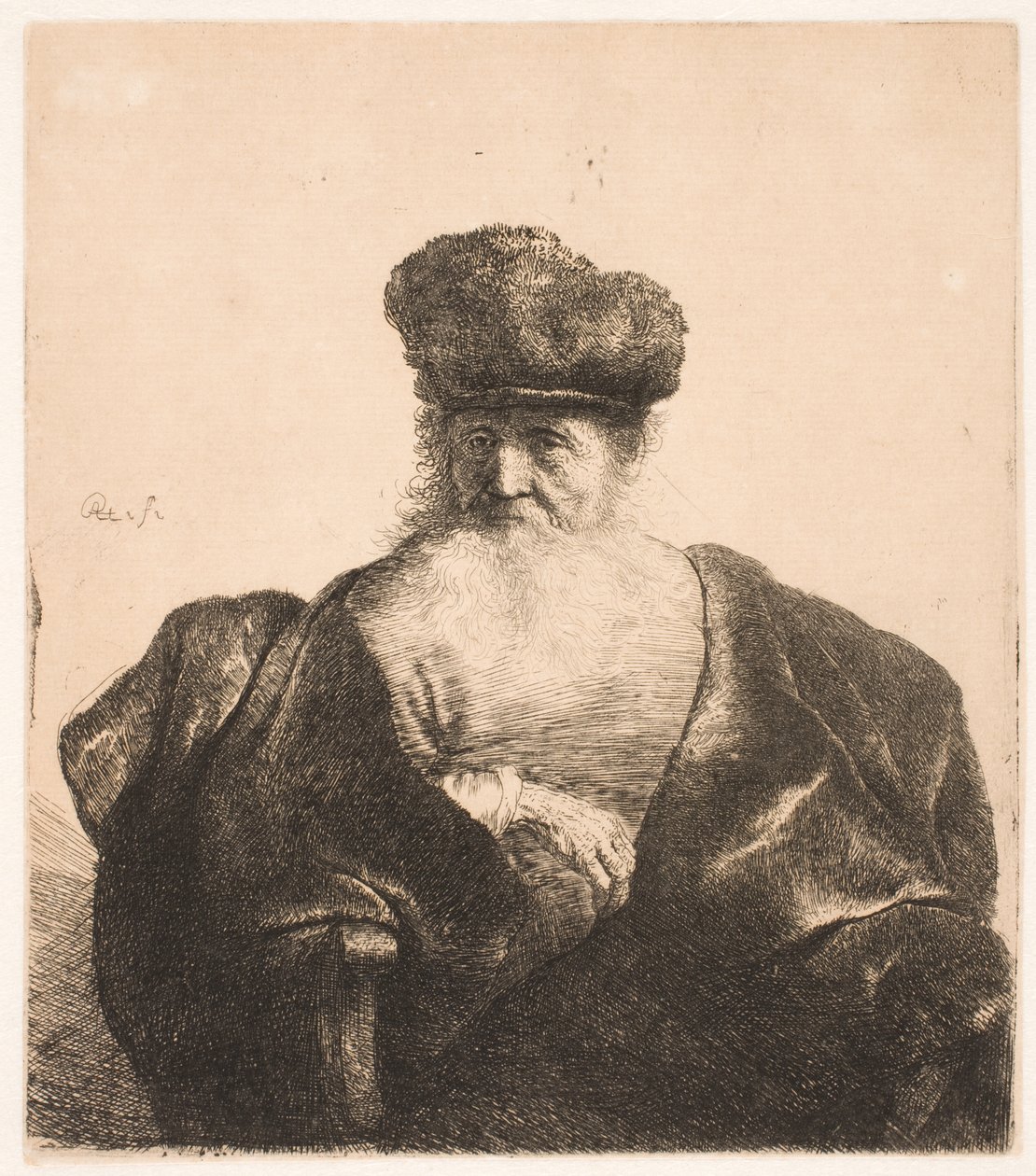 Siedzący starzec z długą brodą, w futrzanej czapce i aksamitnym płaszczu autorstwa Rembrandt van Rijn
