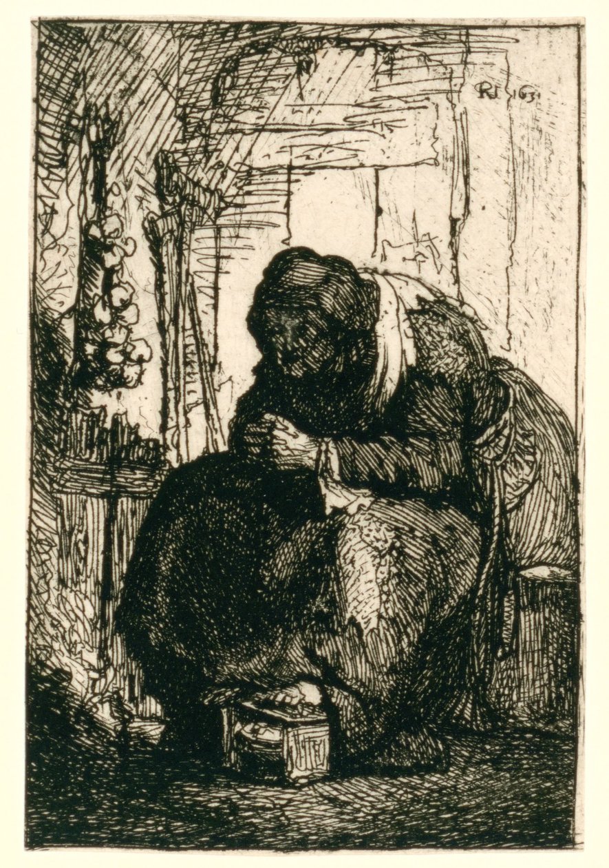 Starsza kobieta siedząca w chatce, a na ścianie wisi sznur cebuli autorstwa Rembrandt van Rijn