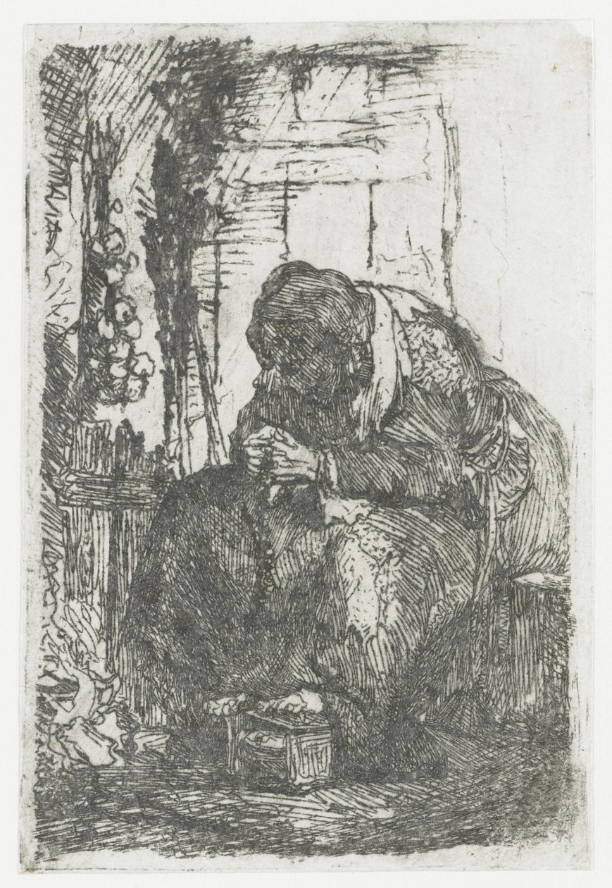 Starsza kobieta z cebulami, siedząca w chatce autorstwa Rembrandt van Rijn