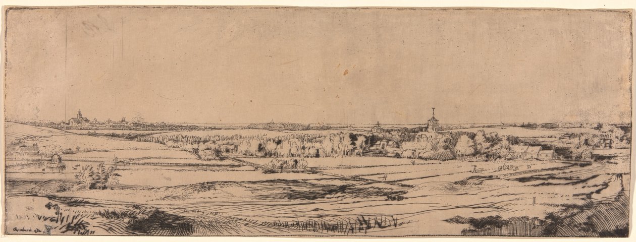 Panorama w pobliżu Bloemendaal przedstawiająca posiadłość Saxenburg (pole Goldweighera) autorstwa Rembrandt van Rijn