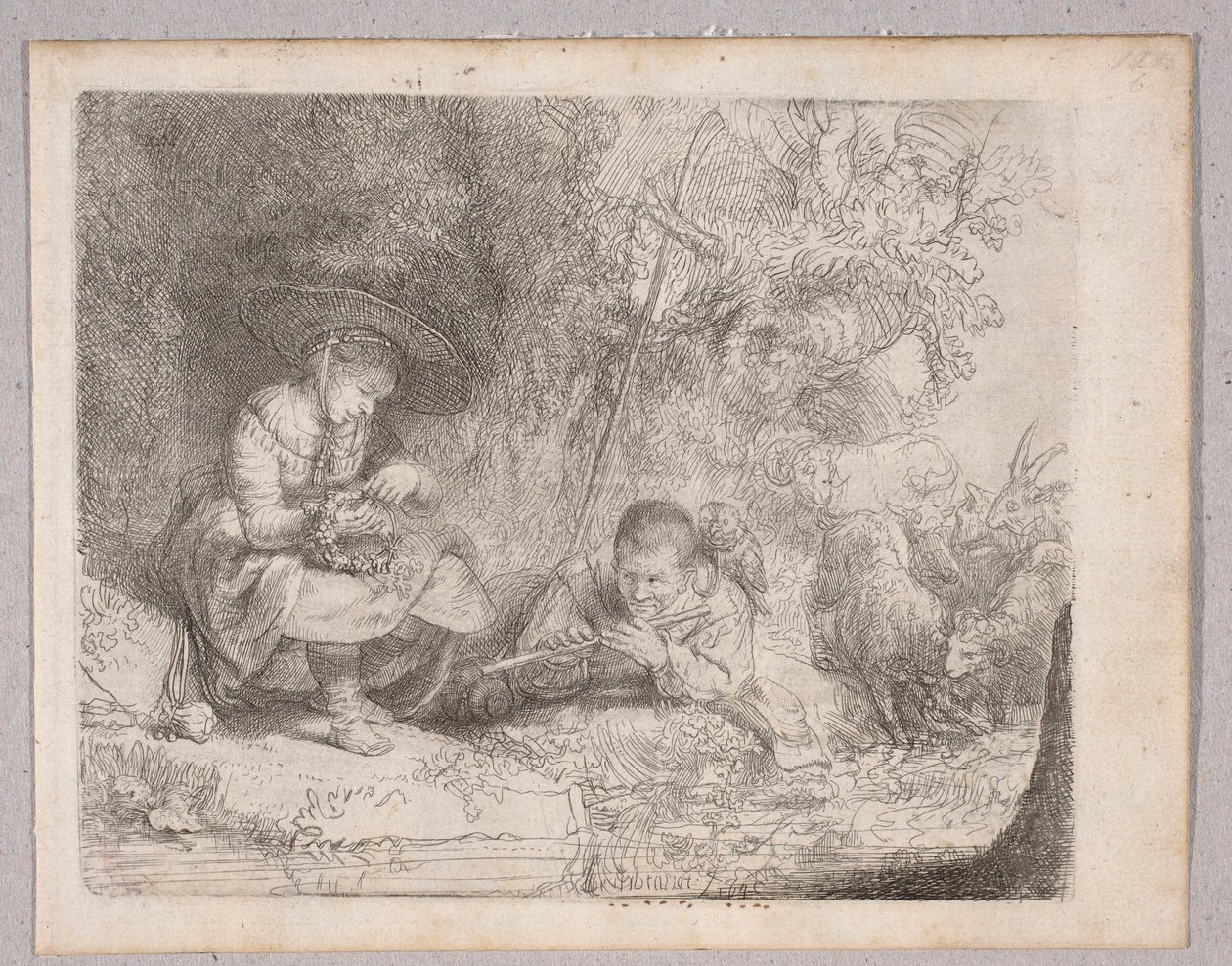 Pasterz grający na flecie (Widok Omval z pasterką i grającym na flecie) autorstwa Rembrandt van Rijn