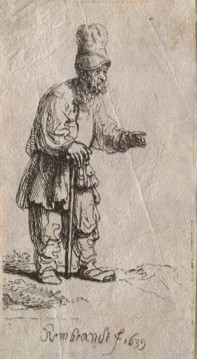Chłop w wysokiej czapce, stojący, oparty na kiju autorstwa Rembrandt van Rijn