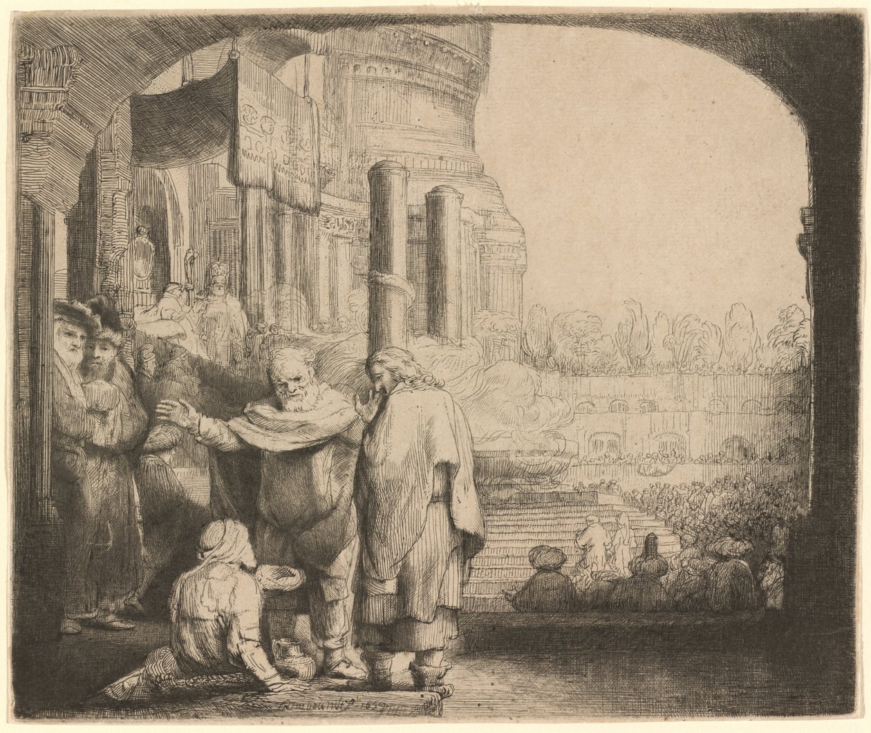 Piotr i Jan uzdrawiają kalekę przy bramie świątyni autorstwa Rembrandt van Rijn