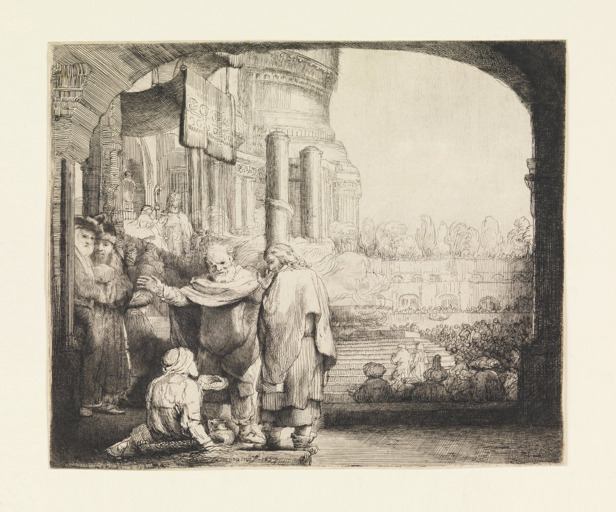Piotr i Jan uzdrawiają kalekę przy bramie świątyni autorstwa Rembrandt van Rijn