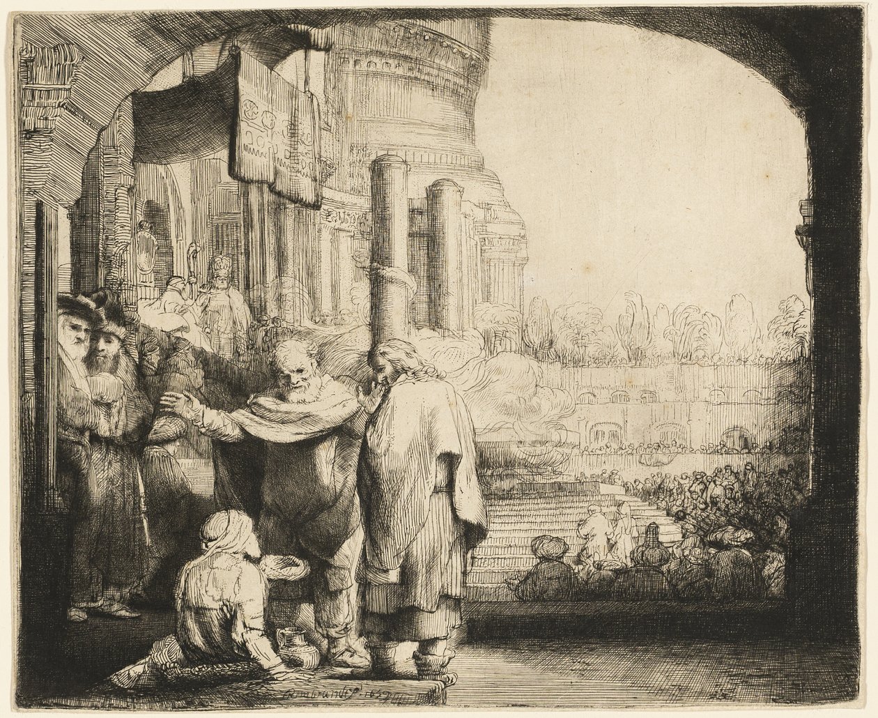 Piotr i Jan uzdrawiają kalekę przy bramie świątyni autorstwa Rembrandt van Rijn