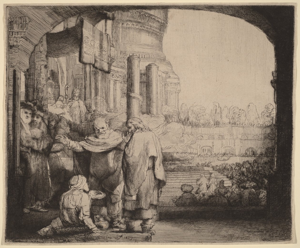 Piotr i Jan uzdrawiają kalekę przy bramie świątyni autorstwa Rembrandt van Rijn