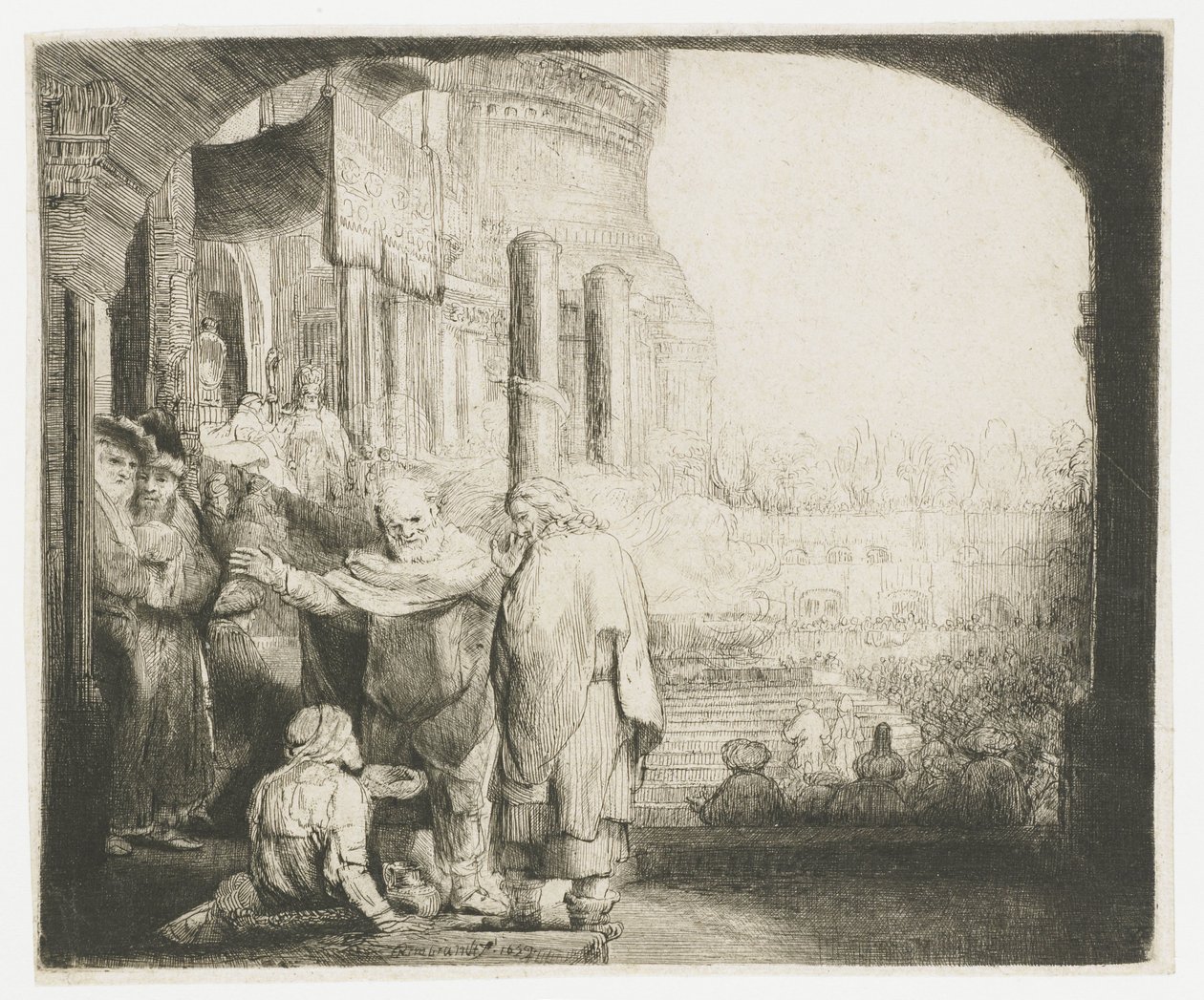 Piotr i Jan uzdrawiają kalekę w bramie świątyni” autorstwa Rembrandt van Rijn