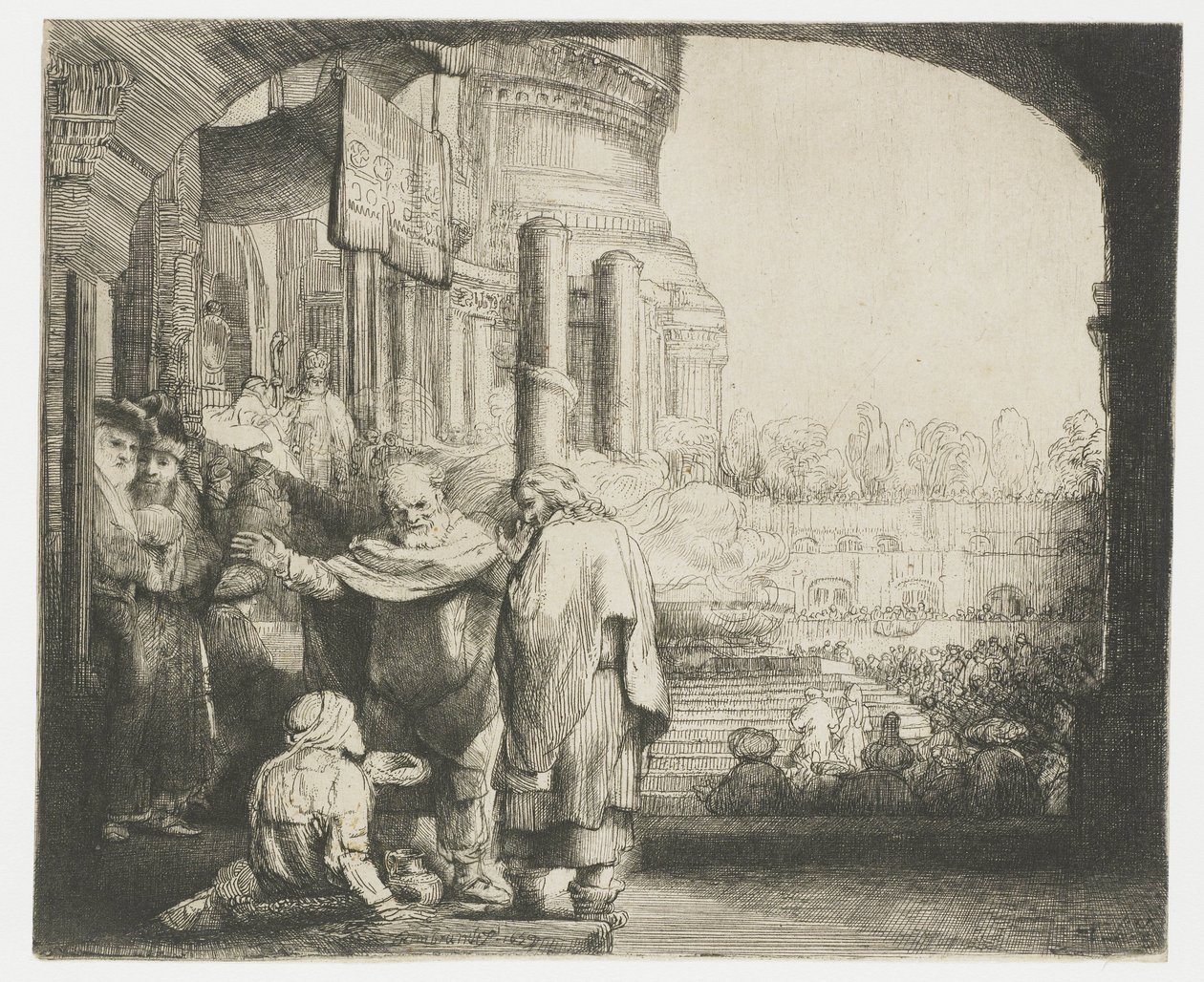 Piotr i Jan uzdrawiają kalekę w bramie świątyni” autorstwa Rembrandt van Rijn