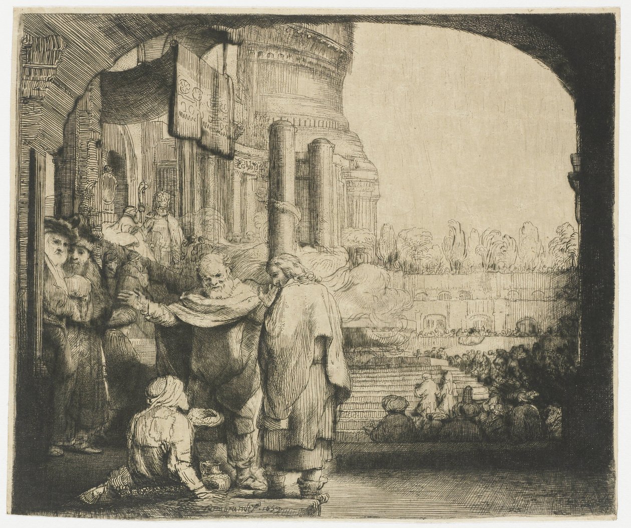 Piotr i Jan uzdrawiają kalekę w bramie świątyni” autorstwa Rembrandt van Rijn
