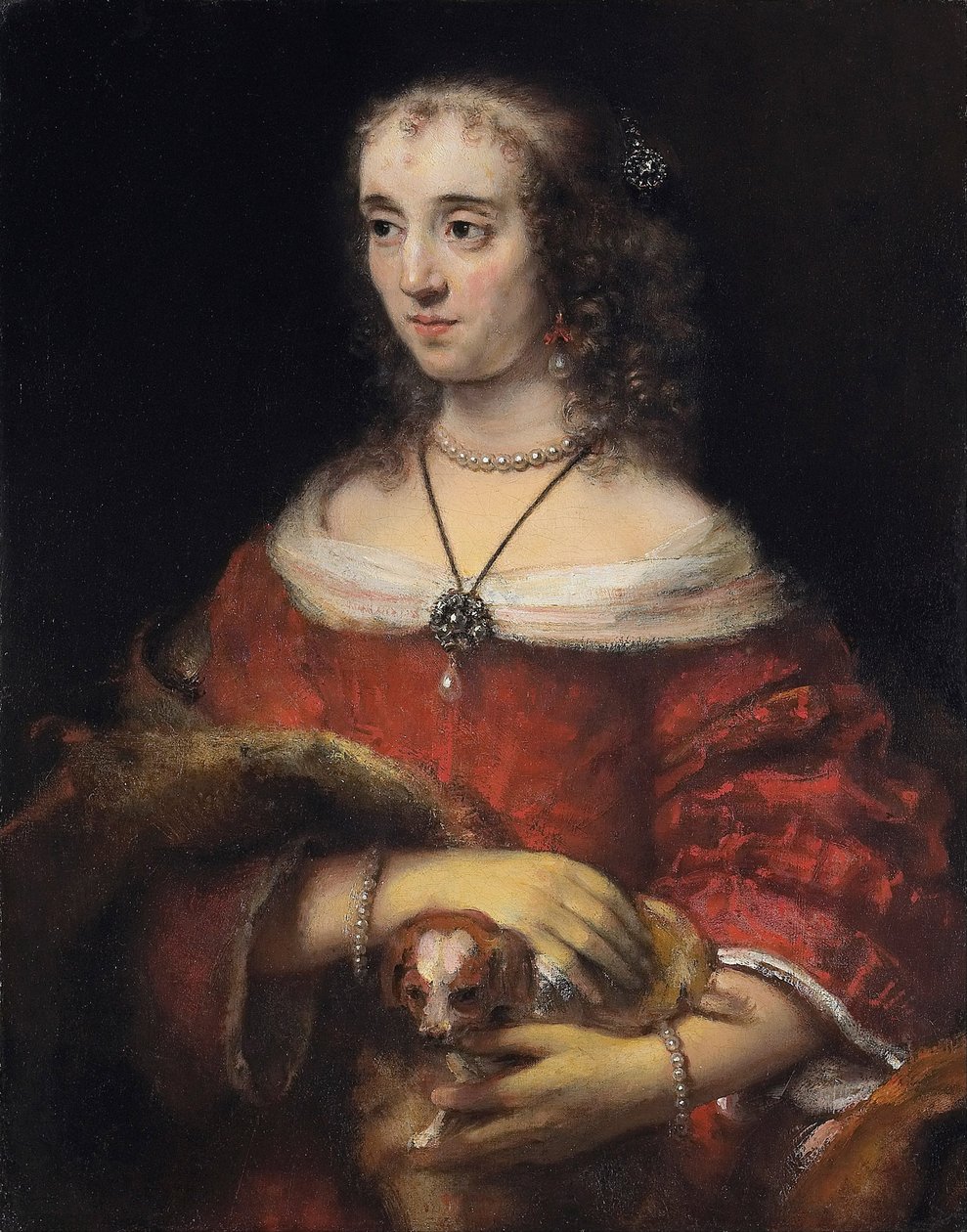 Portret damy z psem na kolanach, ok. 1665 autorstwa Rembrandt van Rijn