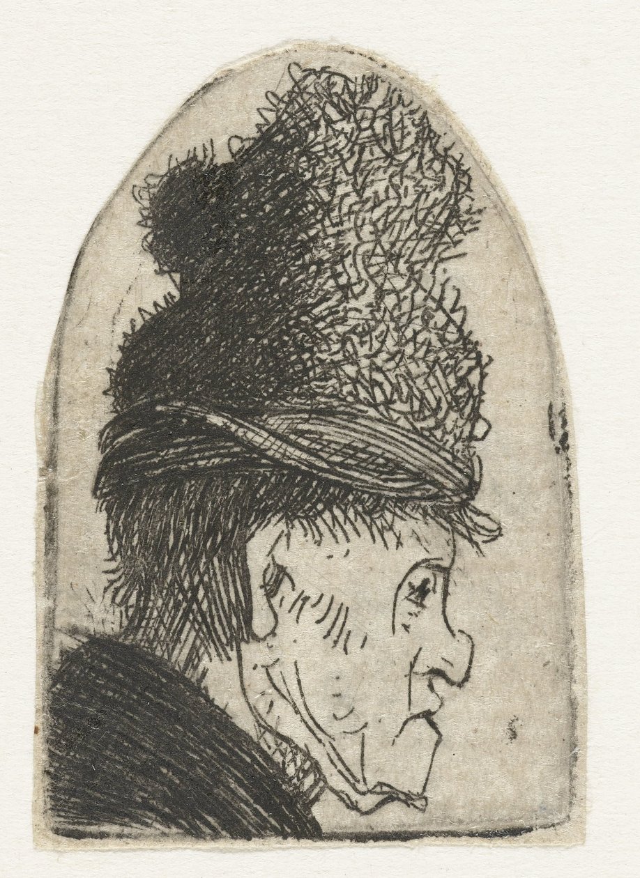 Profil mężczyzny w wysokim kapeluszu Groteskowy profil: mężczyzna w wysokiej czapce autorstwa Rembrandt van Rijn