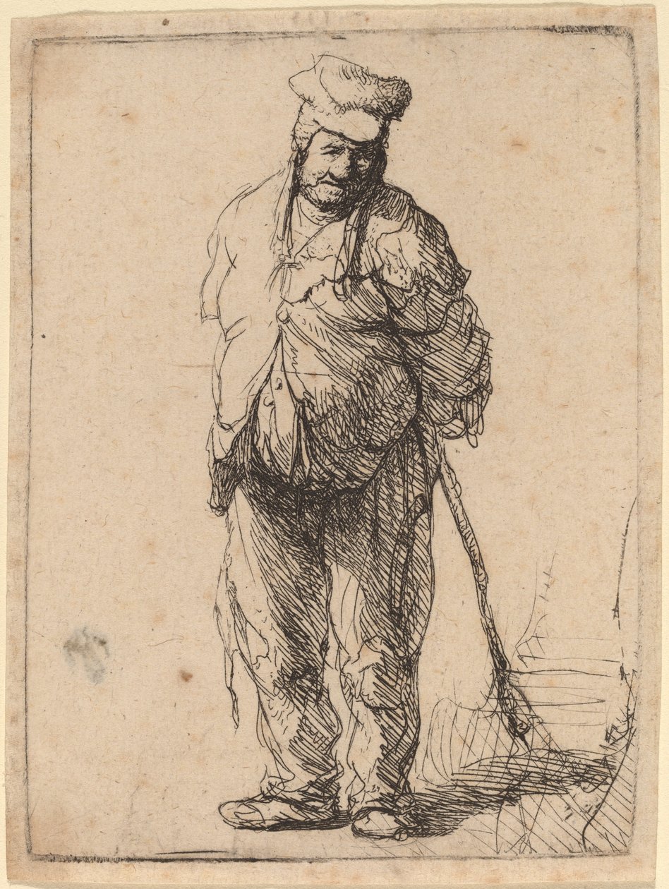 Obdarty chłop z rękami za sobą, trzymający kij autorstwa Rembrandt van Rijn