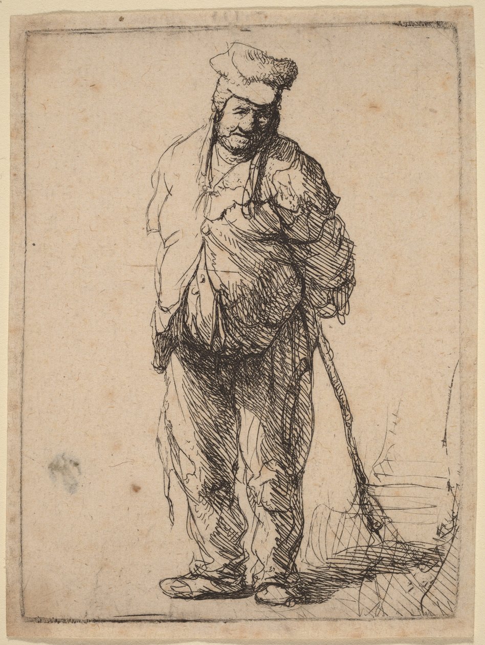 Obdarty chłop z rękami za plecami, trzymający kij autorstwa Rembrandt van Rijn