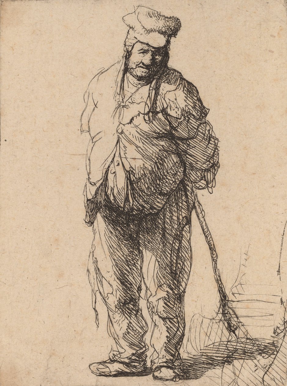 Obdarty chłop z rękami za sobą, trzymający kij, c. 1630. autorstwa Rembrandt van Rijn