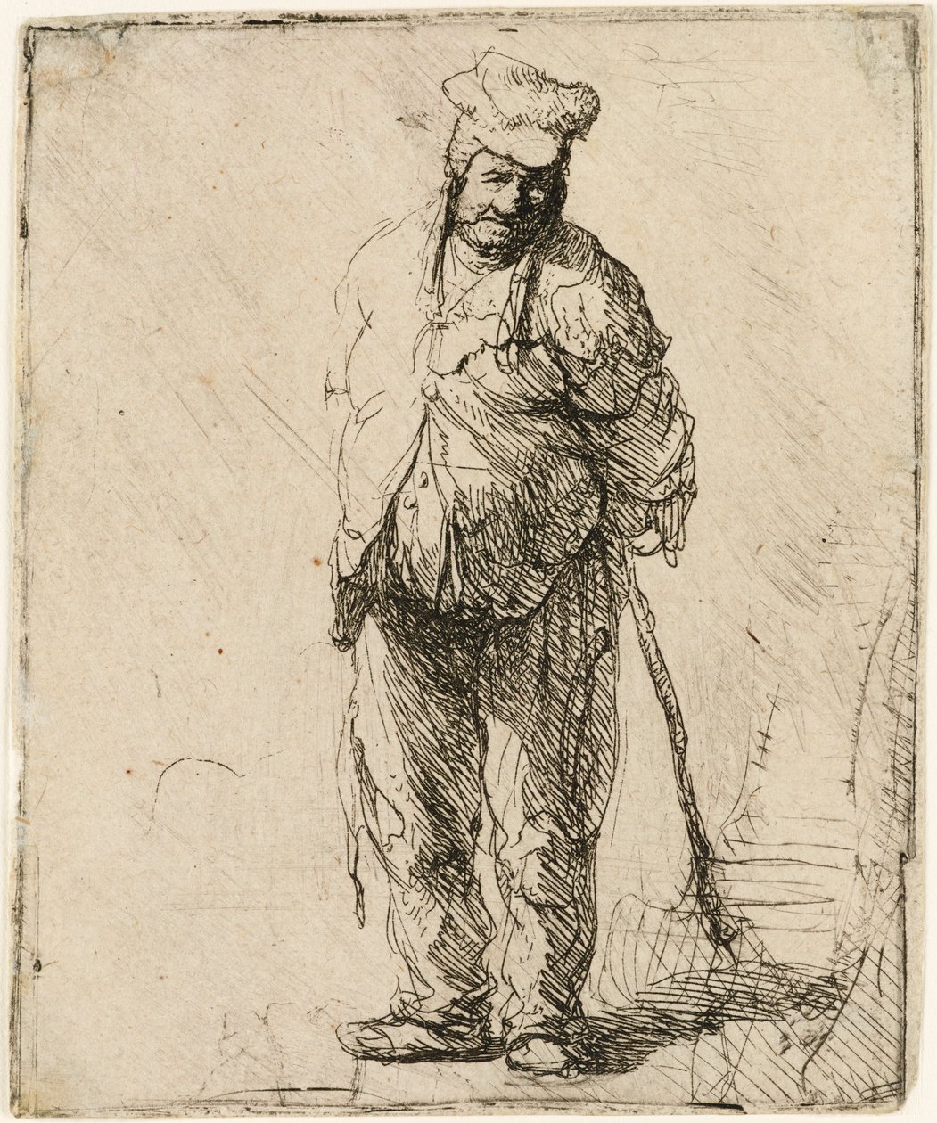 Obdarty chłop z rękami za sobą, trzymający kij, ok. 1630. autorstwa Rembrandt van Rijn