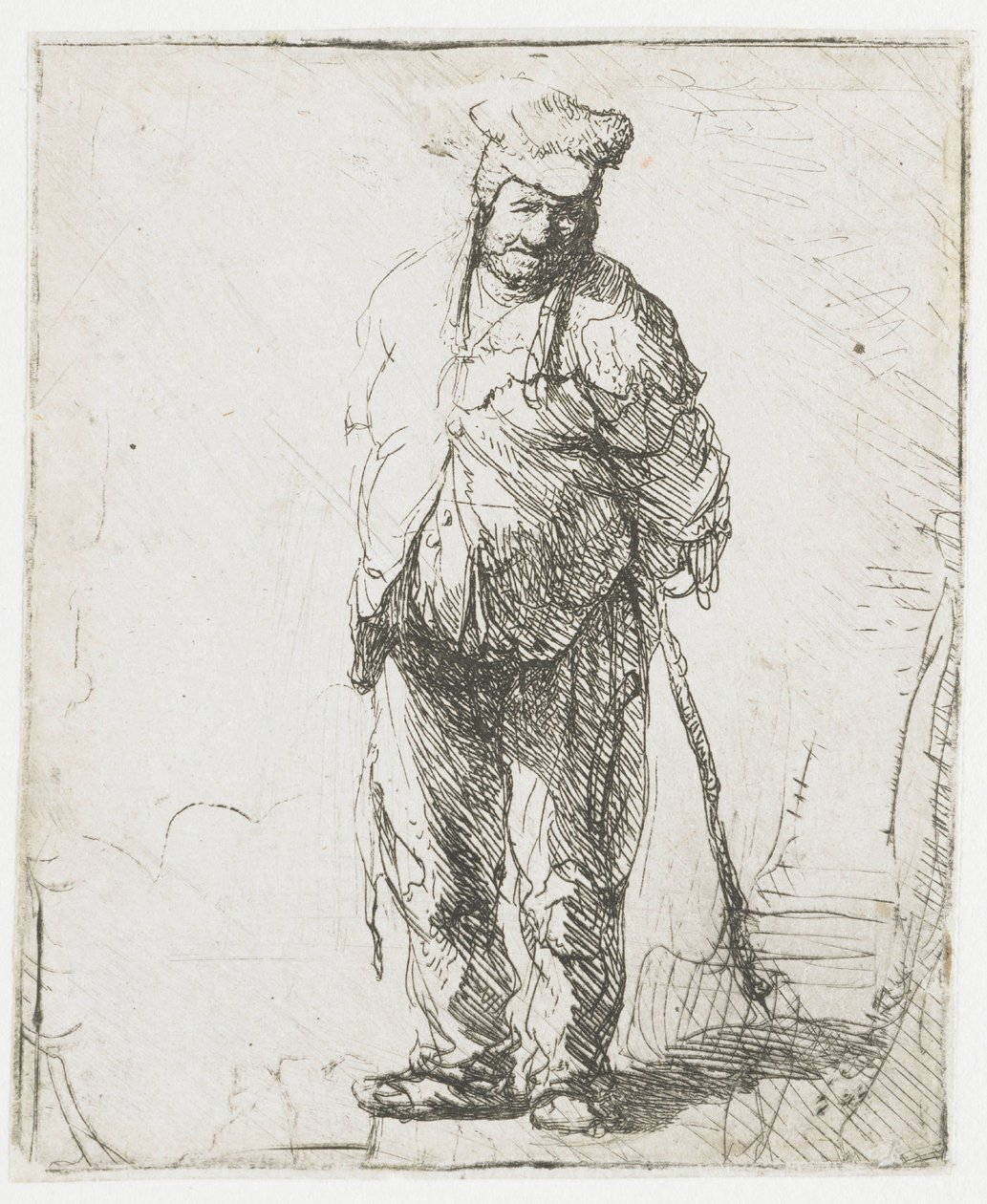 Obrzydliwy chłop z rękami za plecami, trzymający kij autorstwa Rembrandt van Rijn