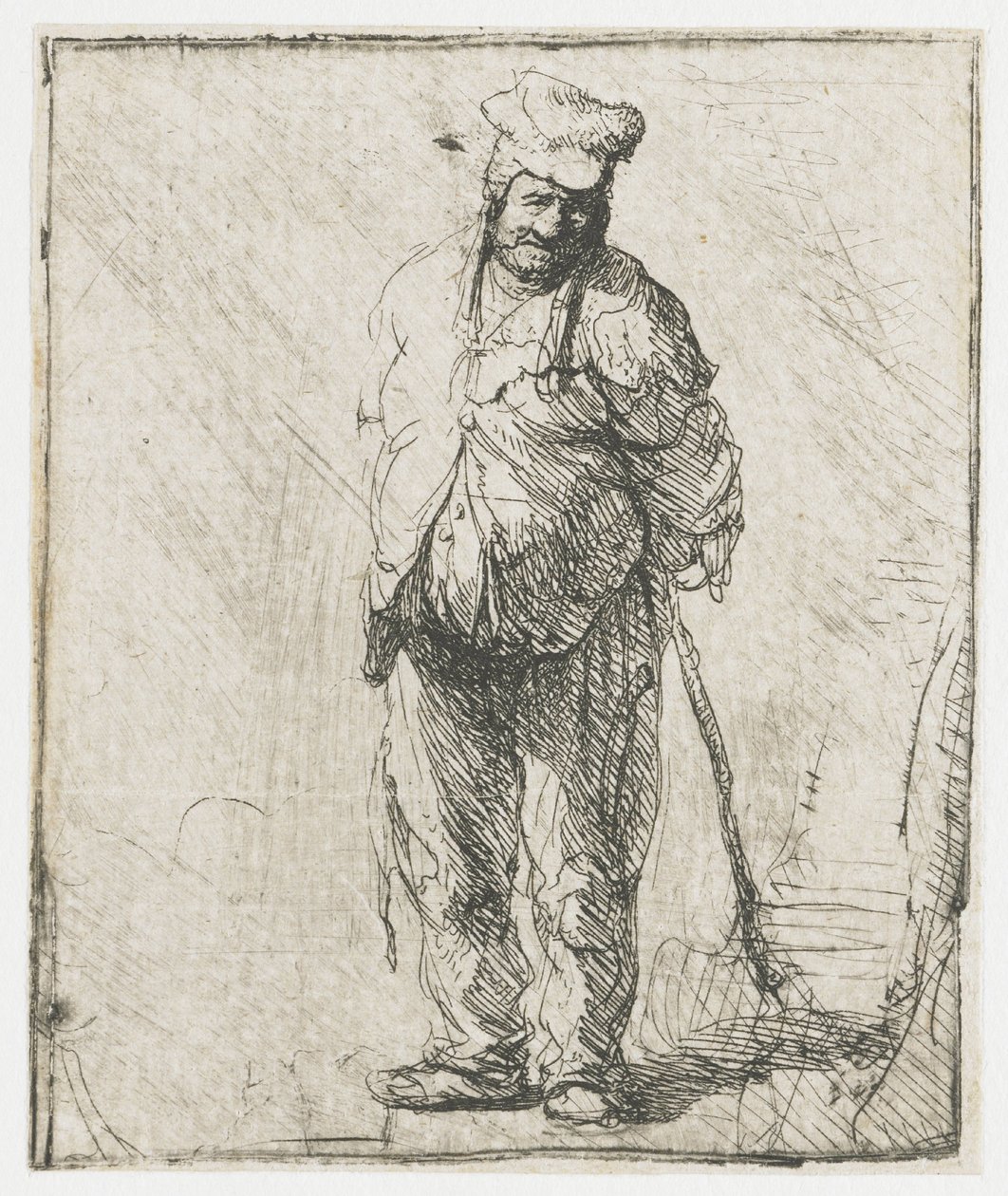 Obrzydliwy chłop z rękami za plecami, trzymający kij autorstwa Rembrandt van Rijn