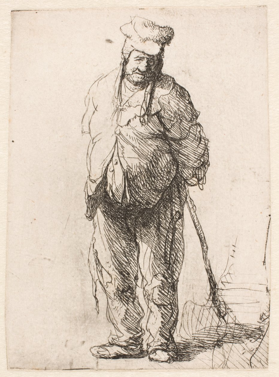 Obrzydliwy chłop z rękami za plecami, trzymający kij autorstwa Rembrandt van Rijn