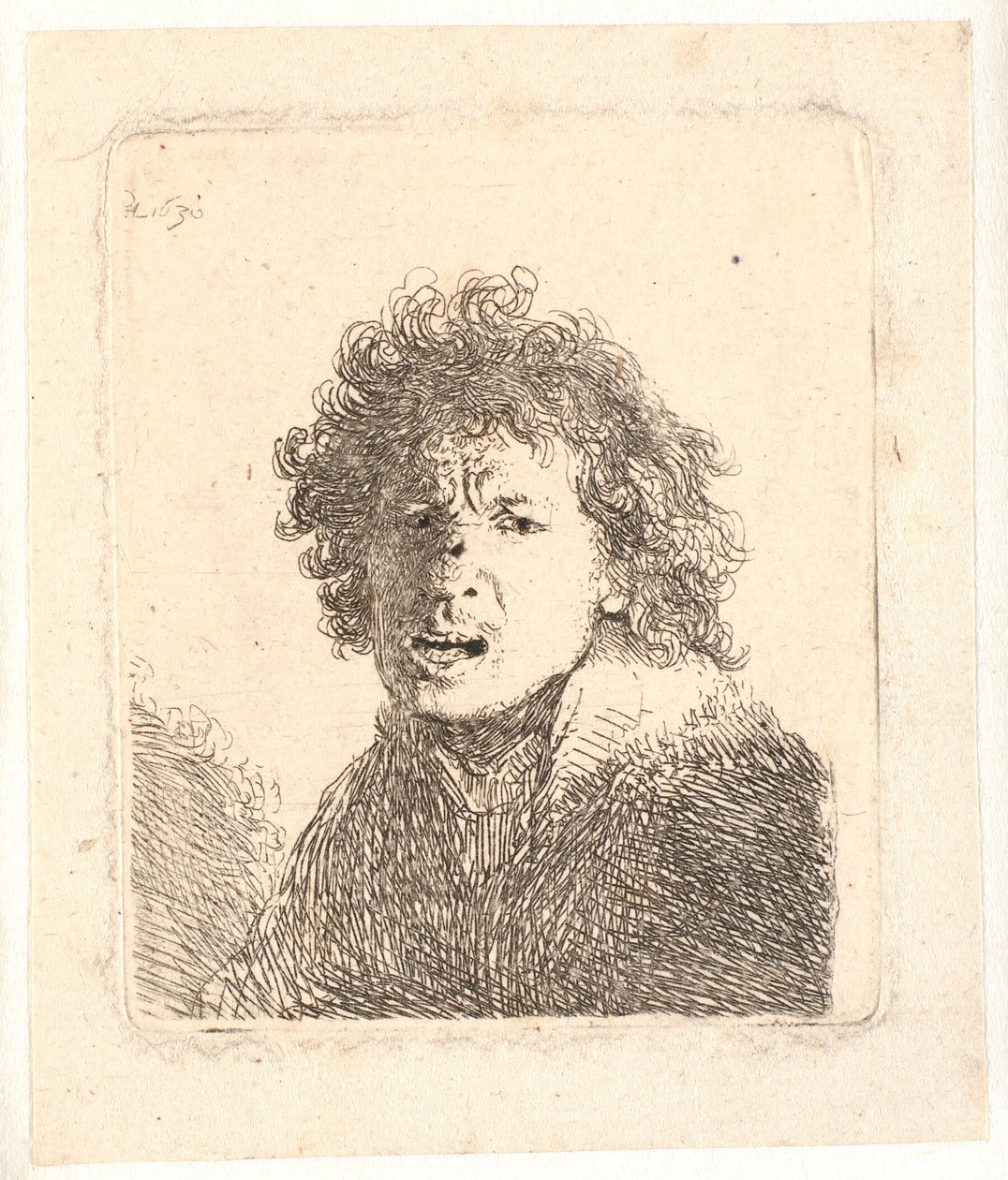 Rembrandt z odkrytą głową i otwartymi ustami, jakby krzyczał: biust autorstwa Rembrandt van Rijn