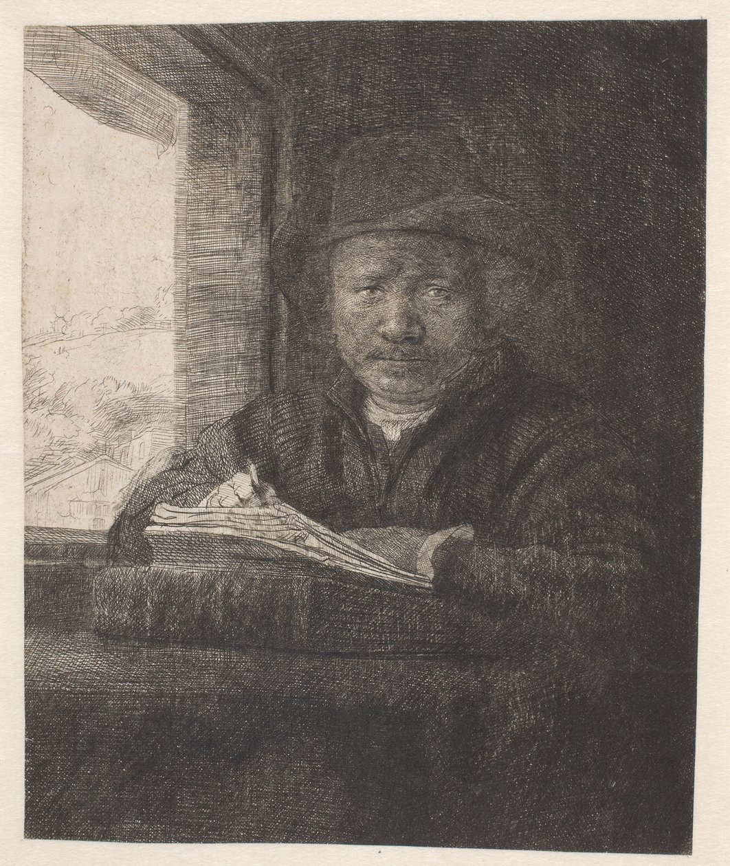 Rembrandt rysuje w oknie autorstwa Rembrandt van Rijn