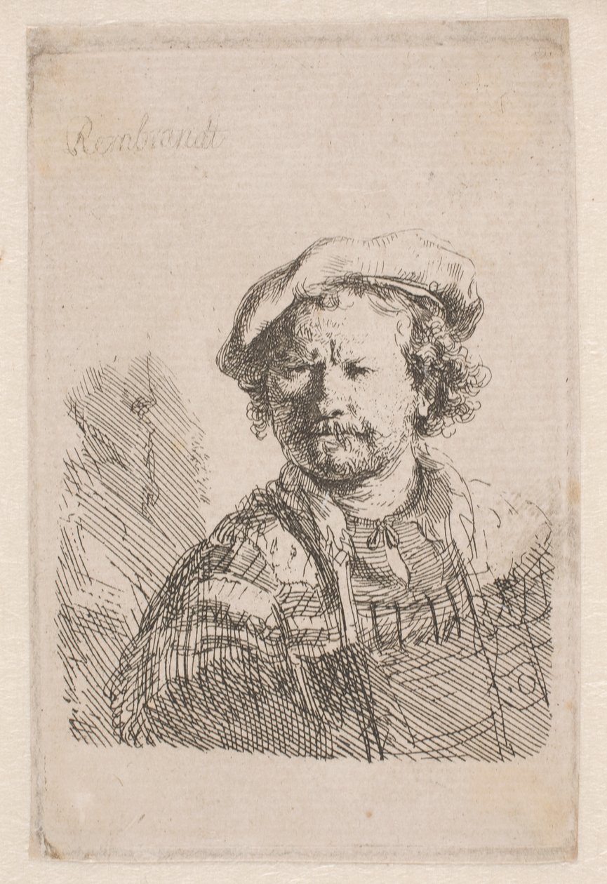 Rembrandt w kaszkiecie z szalem na ramionach autorstwa Rembrandt van Rijn