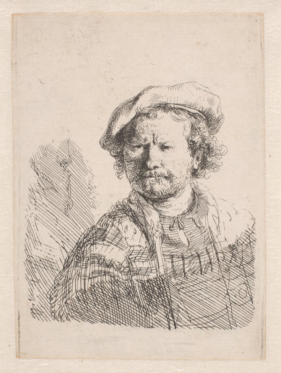 Rembrandt w kaszkiecie z szalem na ramionach autorstwa Rembrandt van Rijn