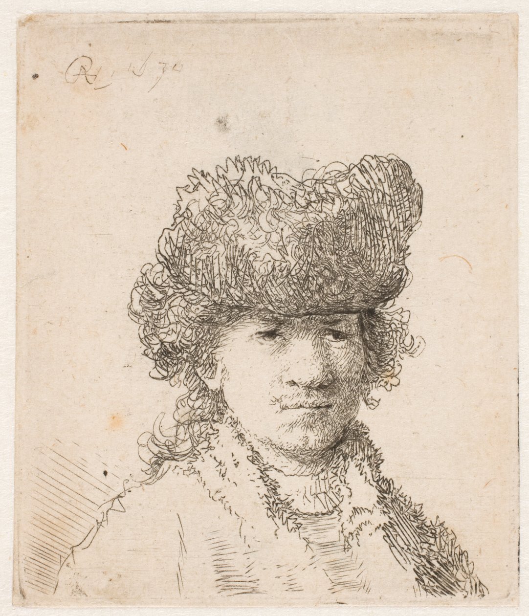 Rembrandt w futrzanej czapce: światło padające na strój: popiersie autorstwa Rembrandt van Rijn