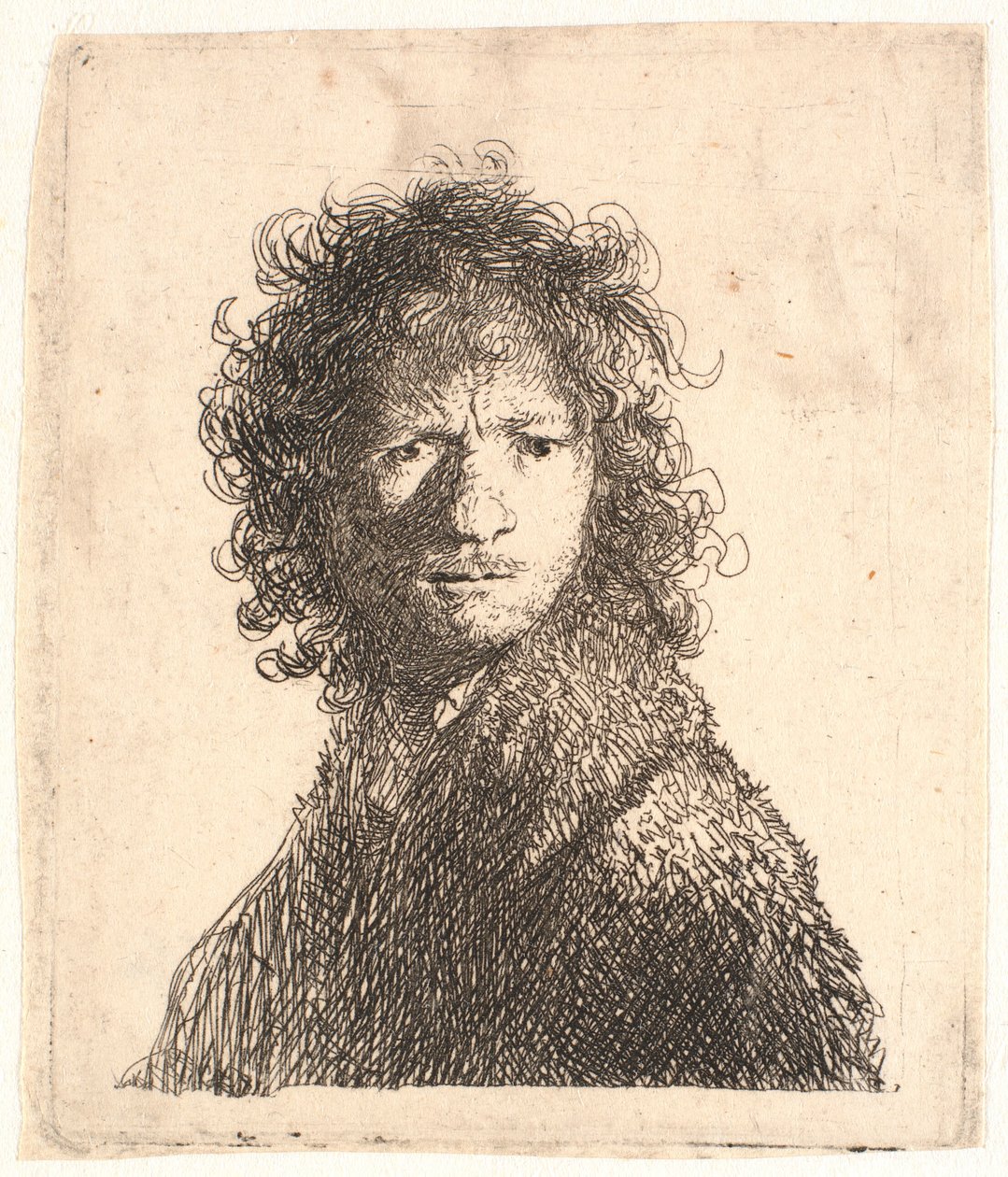 Rembrandt podniósł głowę, w ostrym świetle od prawej: patrząc przez ramię: biust autorstwa Rembrandt van Rijn
