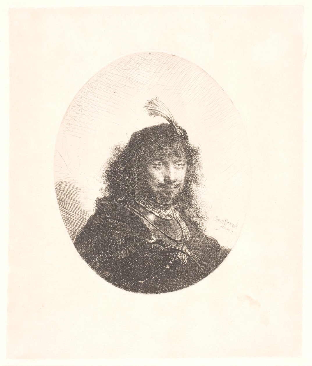 Rembrandt w czapce z piórkiem i opuszczoną szablą: portret w trzech czwartych długości; następnie popiersie w owalnej ramce autorstwa Rembrandt van Rijn