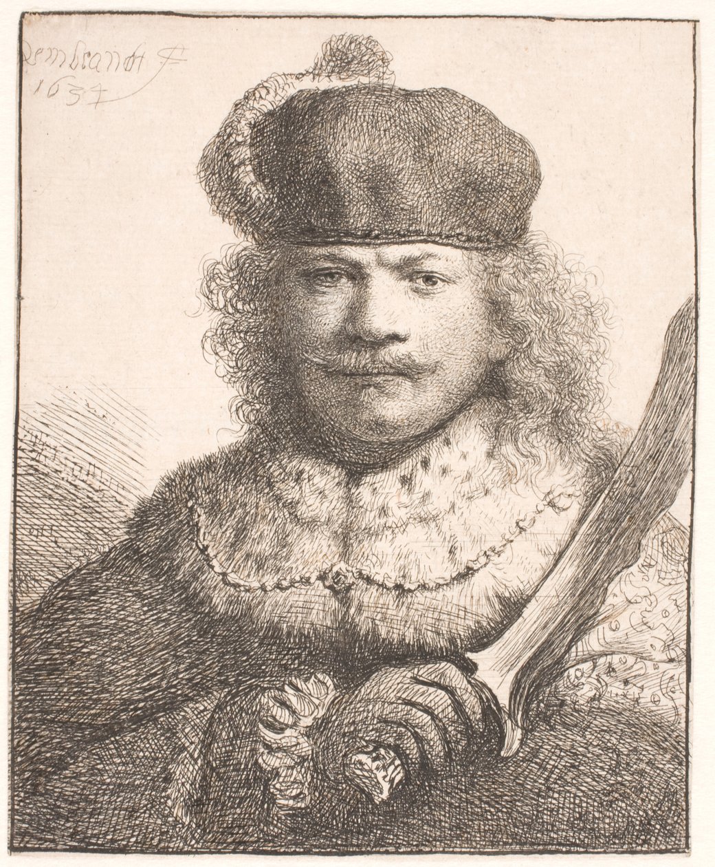 Rembrandt z uniesioną szablą: portret do połowy postaci autorstwa Rembrandt van Rijn