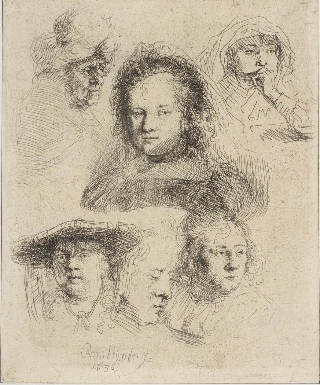 Żona Rembrandta i pięć innych głów, 1636. autorstwa Rembrandt van Rijn
