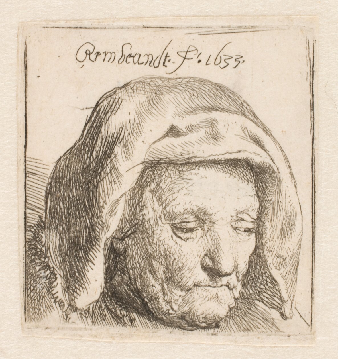 Matka Rembrandta w nakryciu głowy z tkaniny, spoglądająca w dół: tylko głowa autorstwa Rembrandt van Rijn