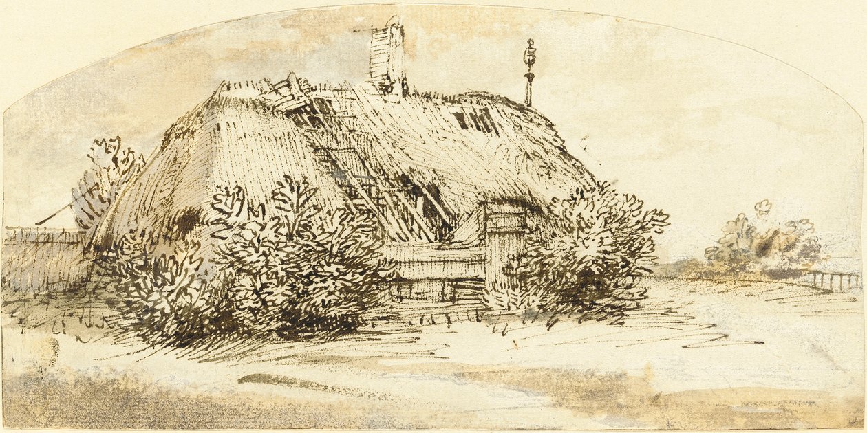 Zrujnowany domek kryty strzechą porośnięty krzakami autorstwa Rembrandt van Rijn