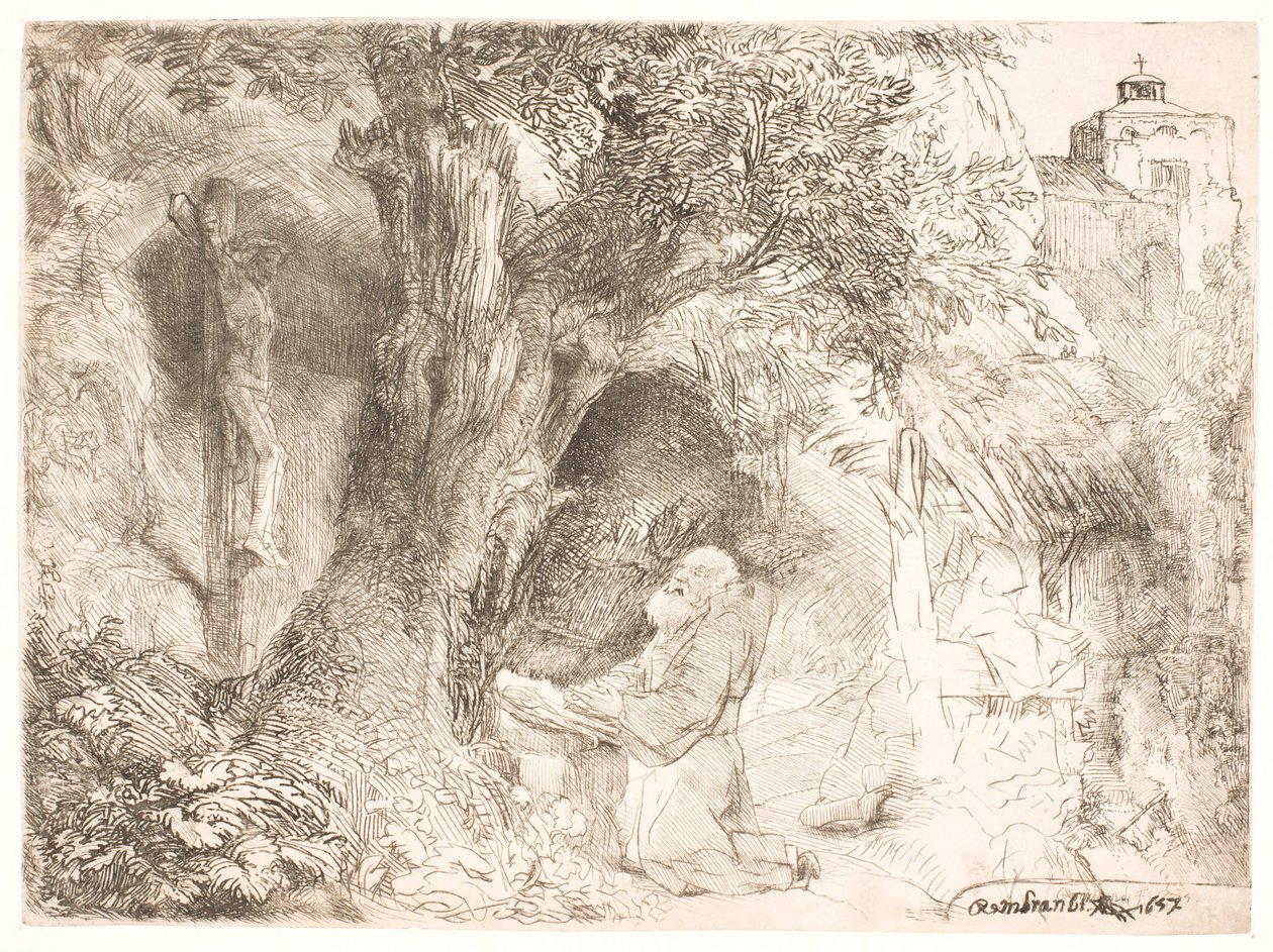 S. Franciszek pod drzewem, modląc się autorstwa Rembrandt van Rijn