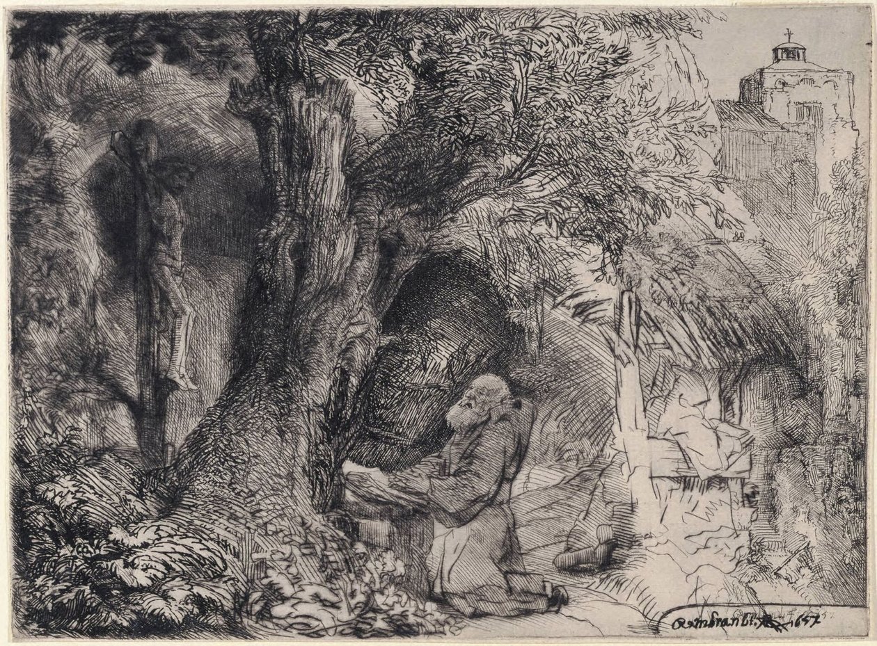 Święty Franciszek modlący się pod drzewem autorstwa Rembrandt van Rijn