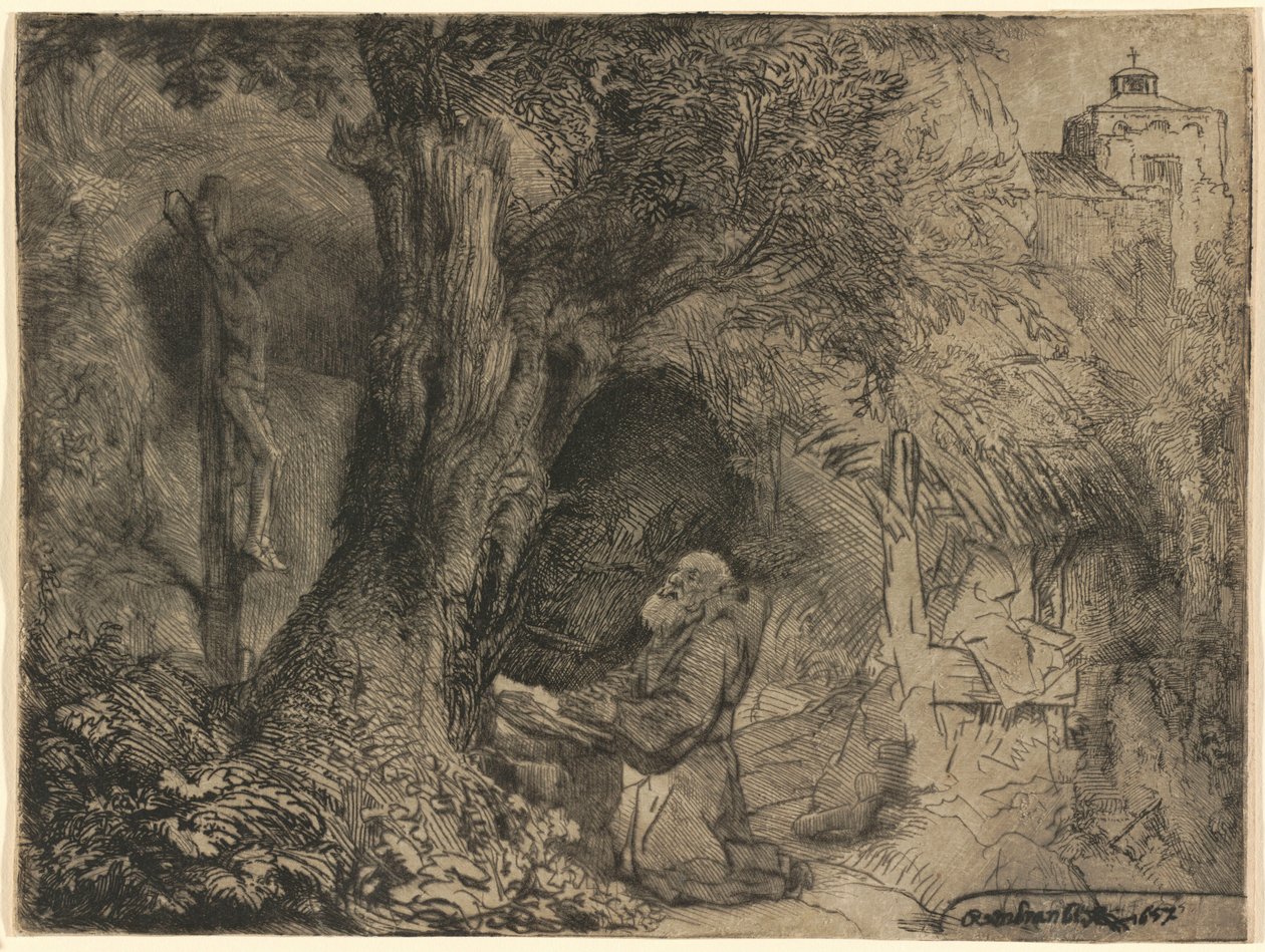 Święty Franciszek modlący się pod drzewem autorstwa Rembrandt van Rijn