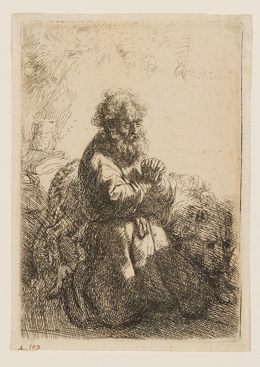 Święty Hieronim klęczący w modlitwie, spoglądający w dół autorstwa Rembrandt van Rijn